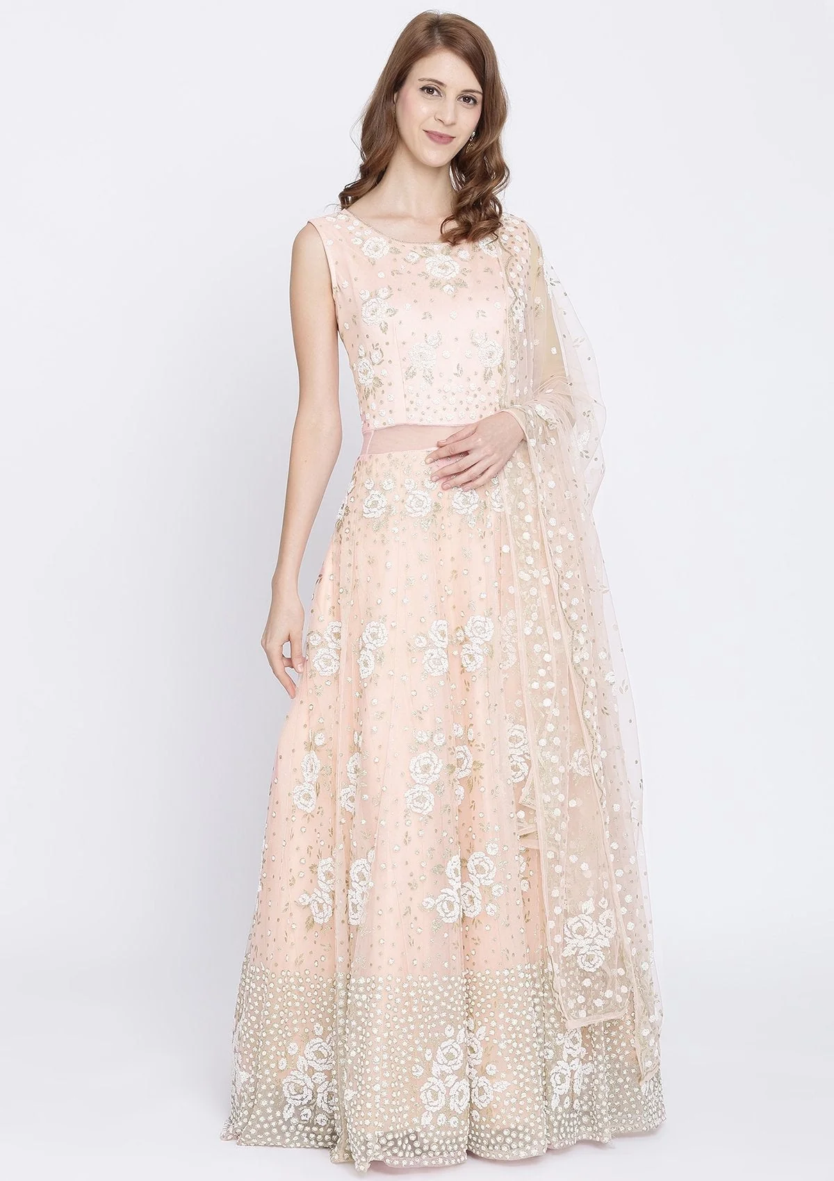 Baby Pink Cutdana Net Designer Gown - Image 3