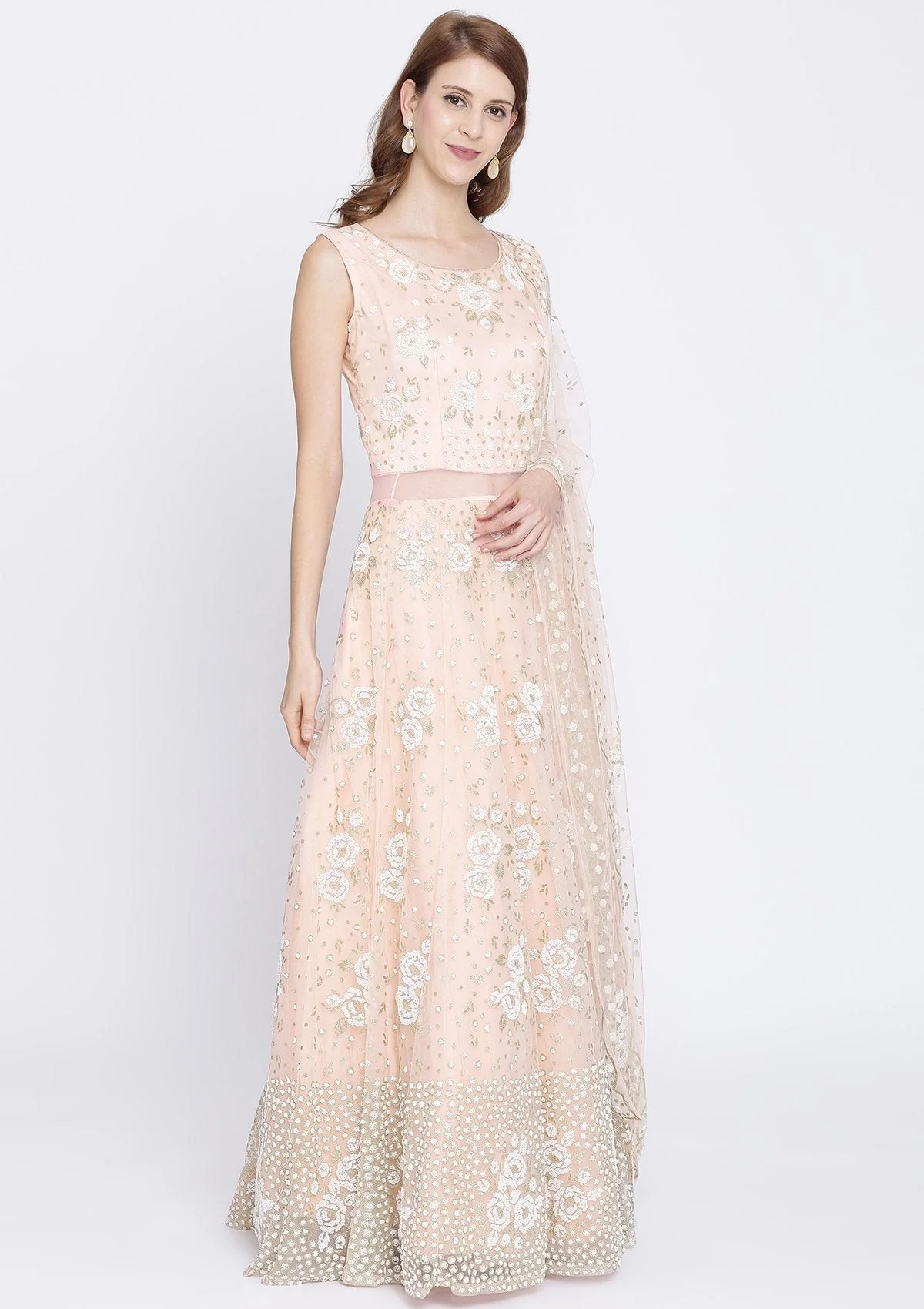 Baby Pink Cutdana Net Designer Gown - Image 4
