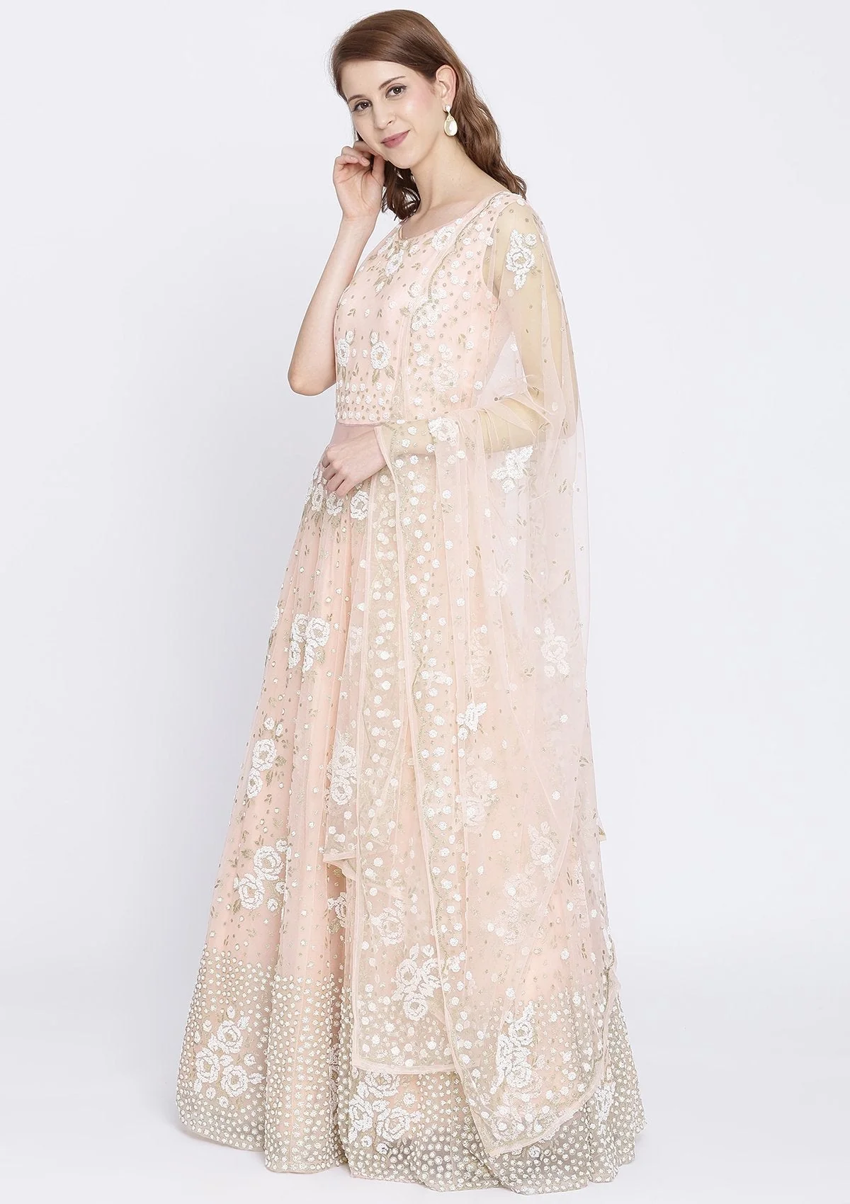 Baby Pink Cutdana Net Designer Gown - Image 5