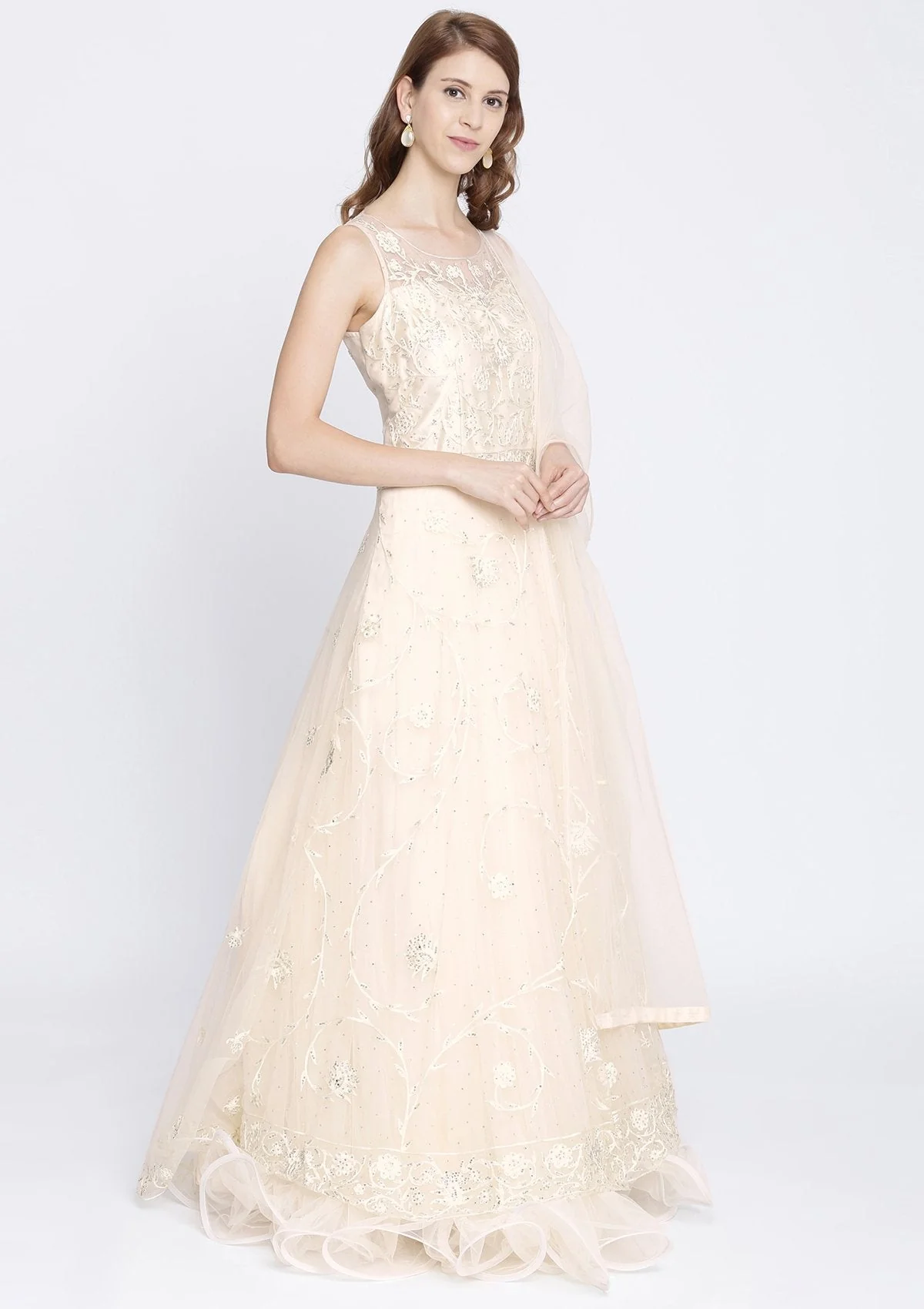 Cream Stonework Net Designer Gown - Image 4