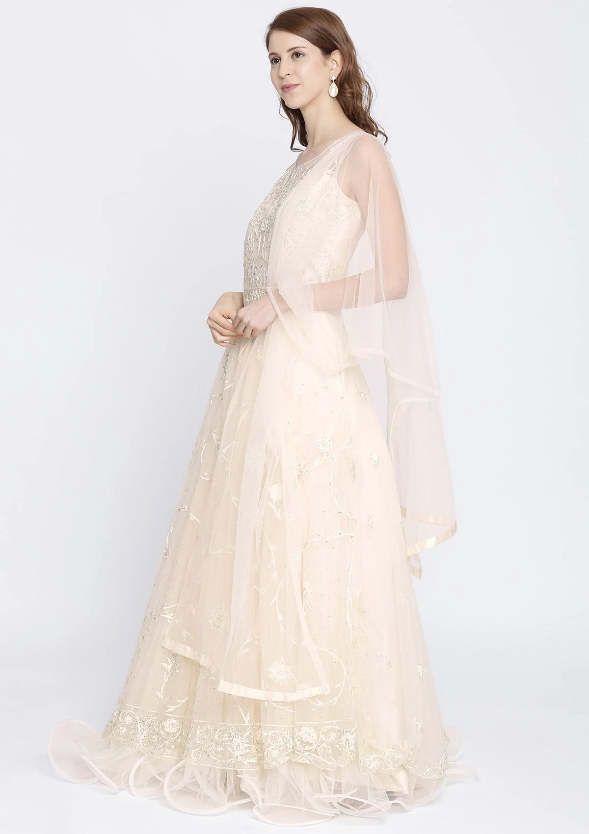 Cream Stonework Net Designer Gown - Image 5