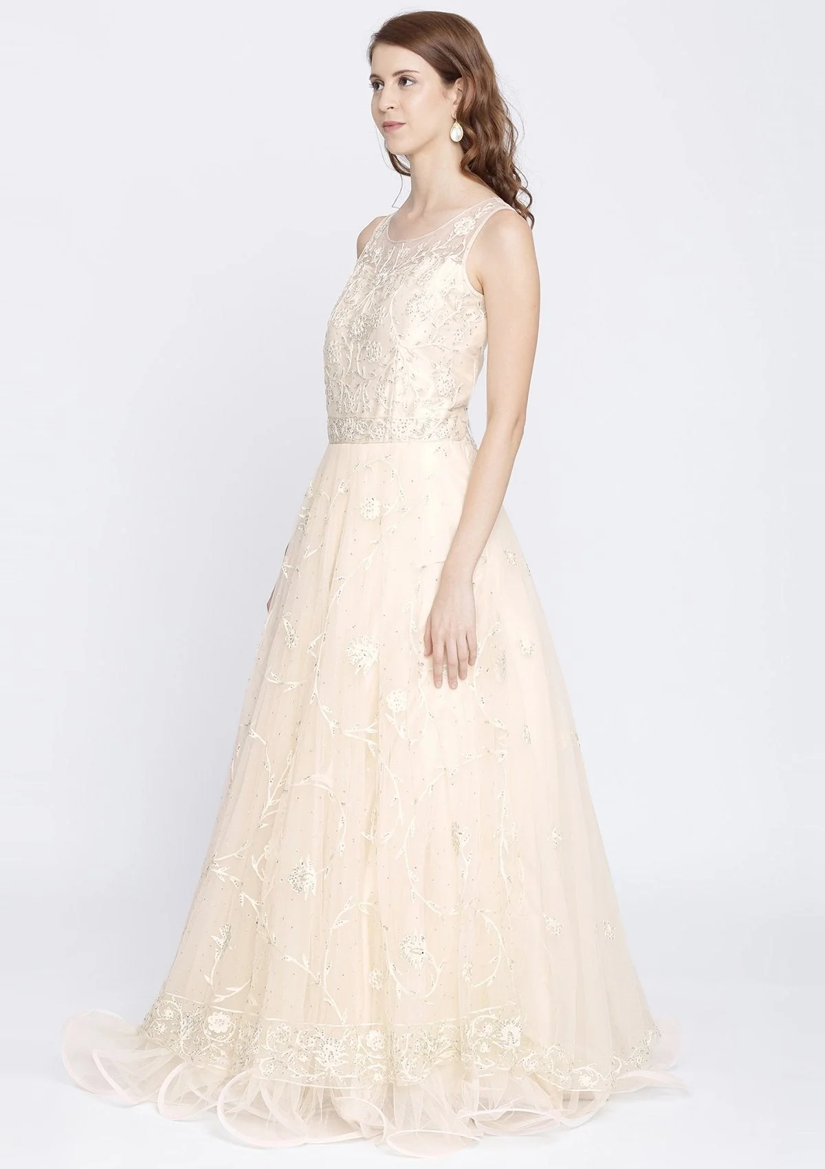 Cream Stonework Net Designer Gown - Image 6