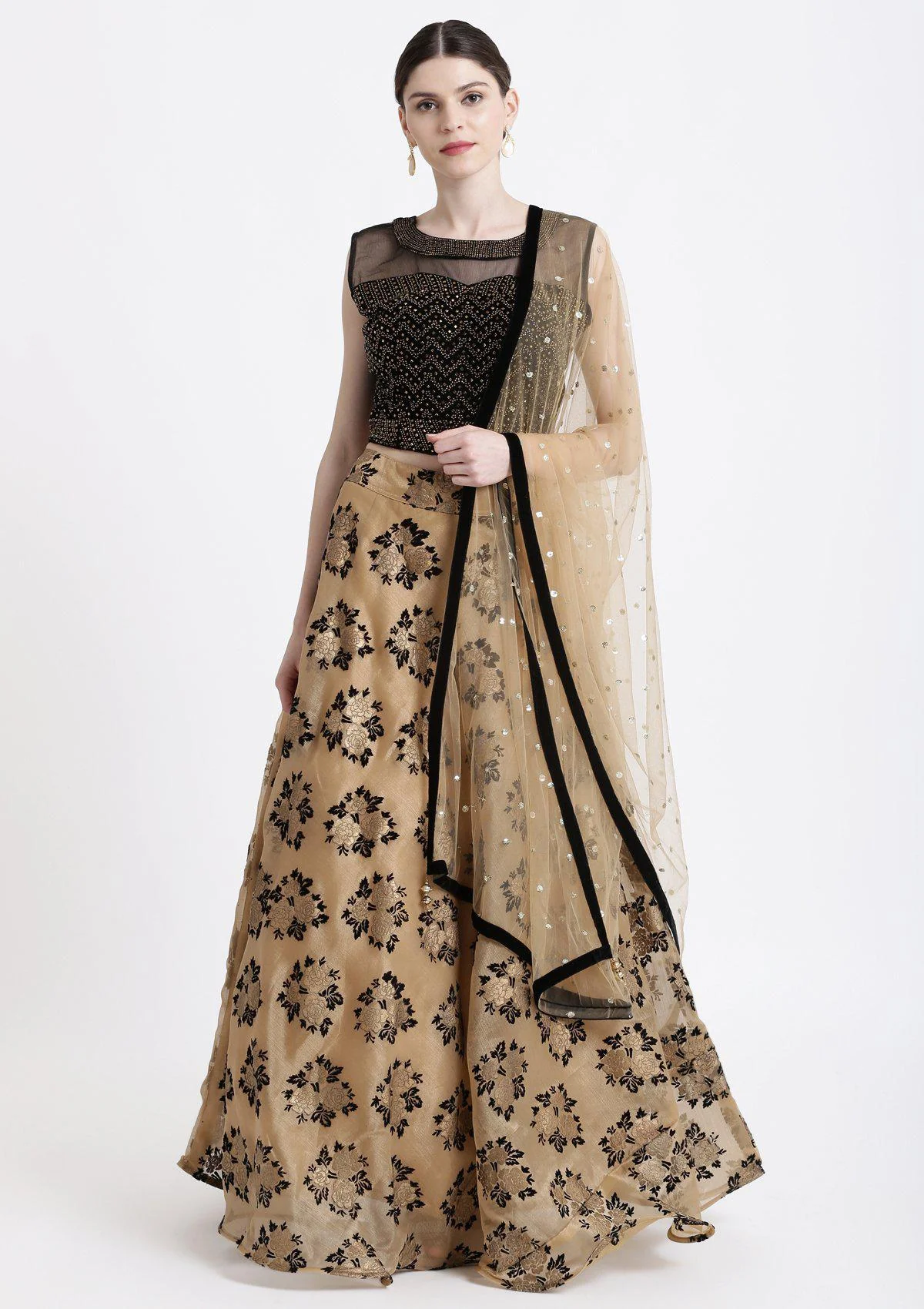 Gold Swarovski Tissue Readymade Lehenga - Image 3