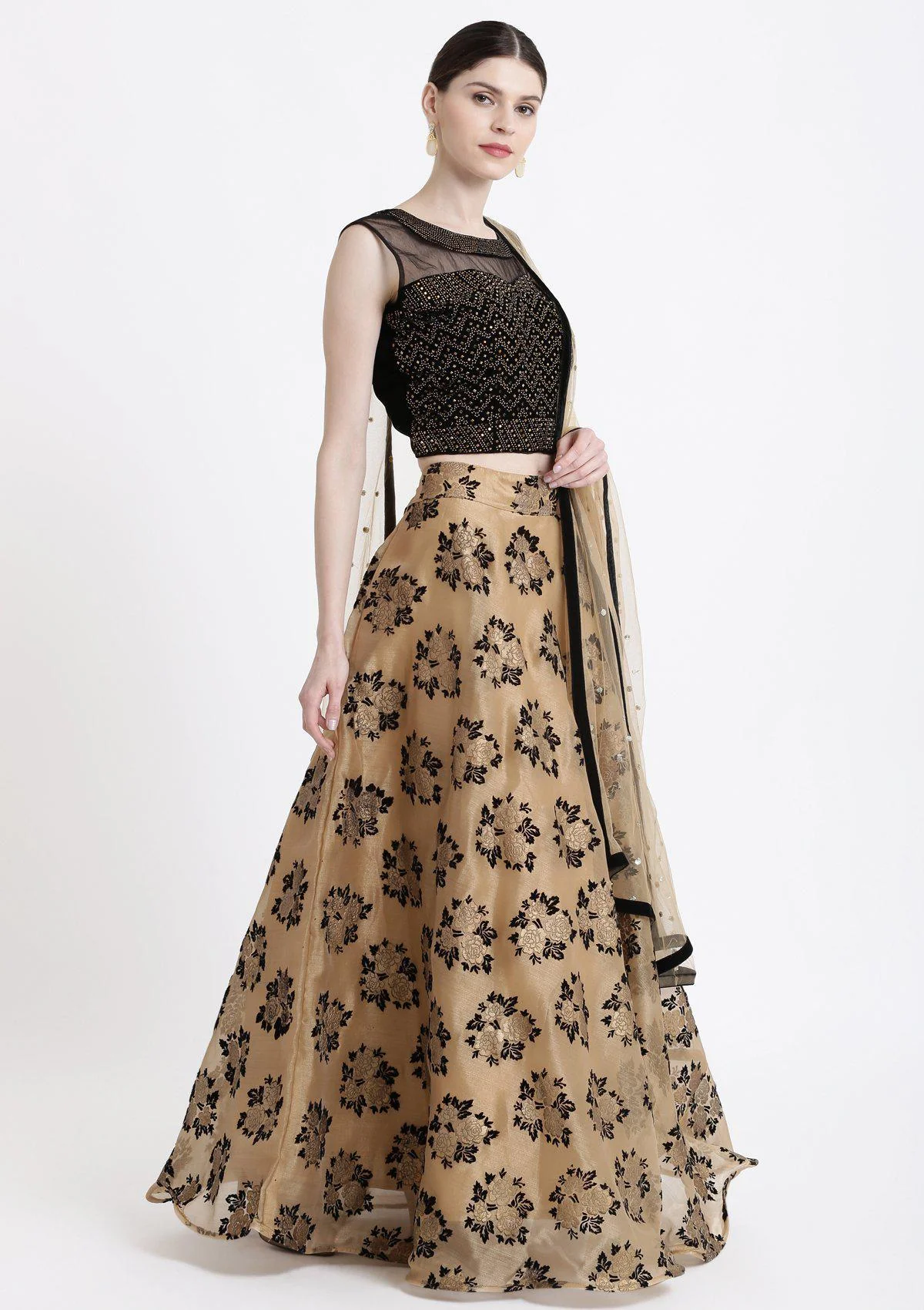 Gold Swarovski Tissue Readymade Lehenga - Image 5