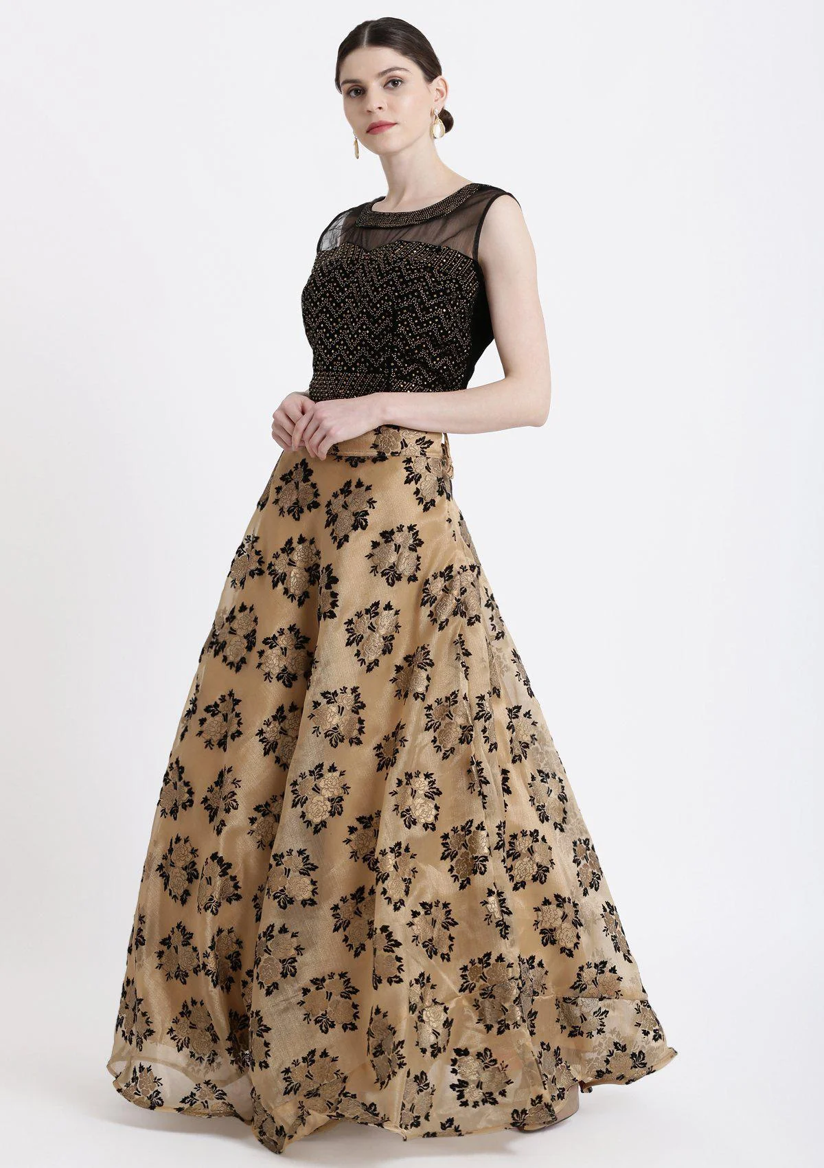 Gold Swarovski Tissue Readymade Lehenga - Image 6