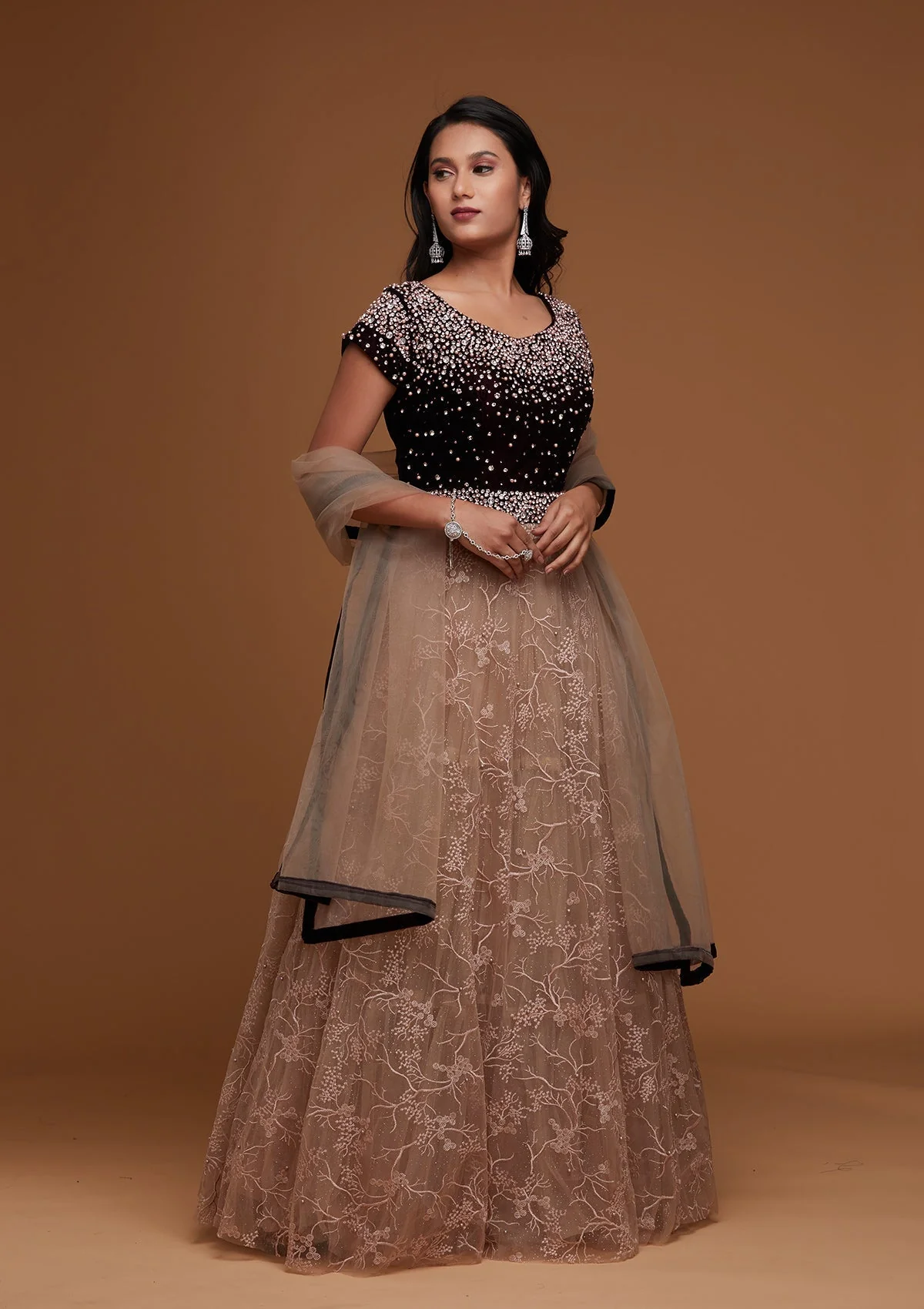 Light Lavender Stone Work Velvet Anarkali Kameez - Image 3