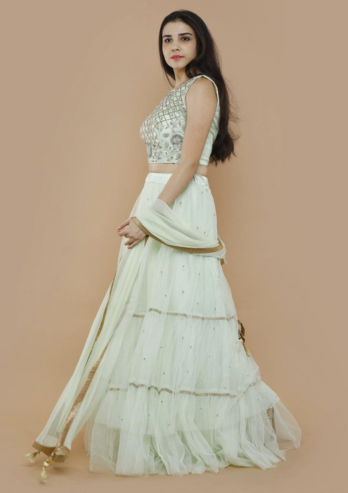 Mint Green Chequered Pearl Readymade Lehenga - Image 3