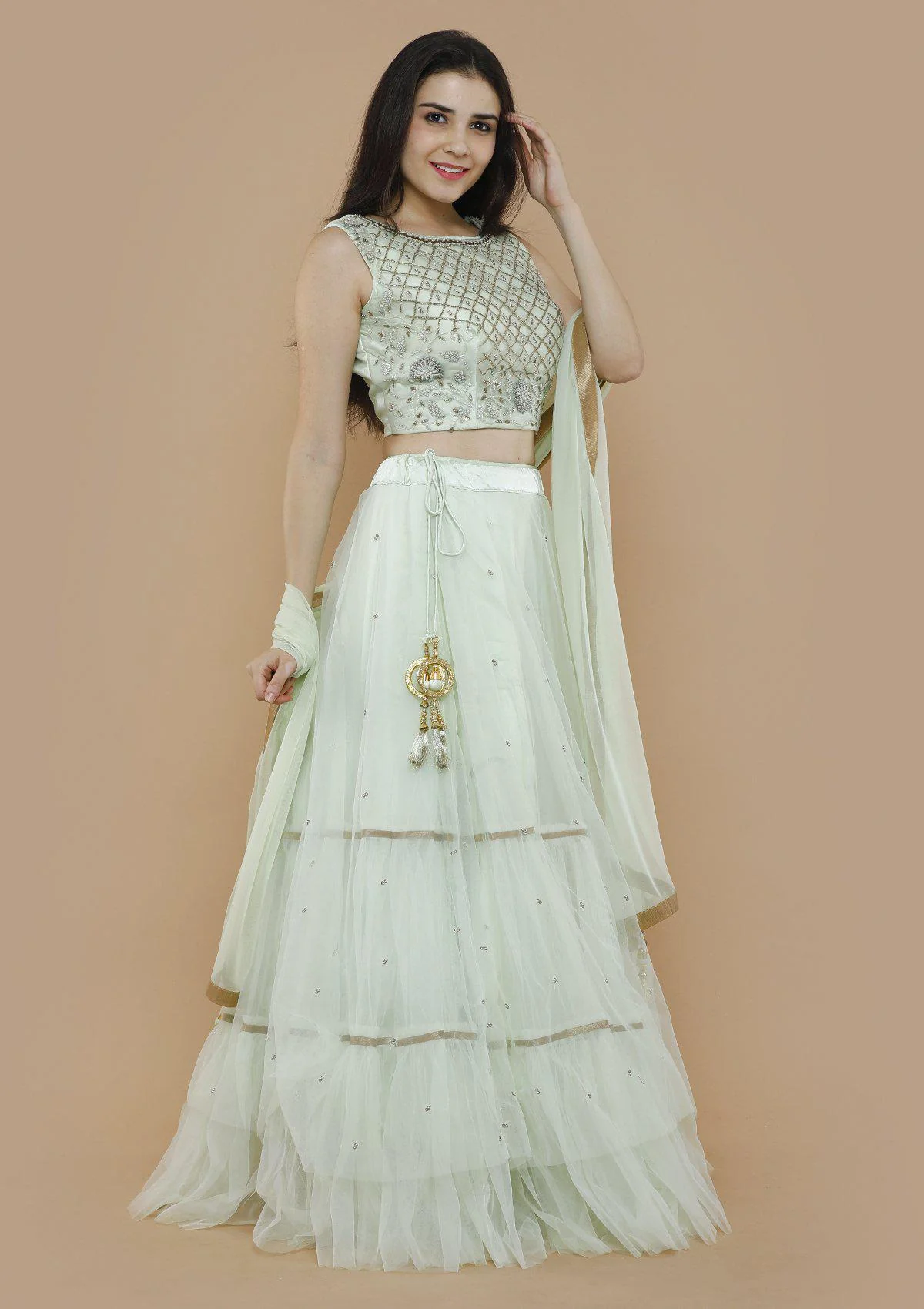 Mint Green Chequered Pearl Readymade Lehenga - Image 4
