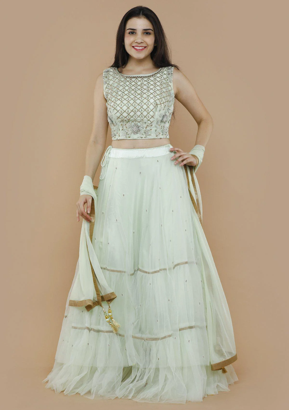 Mint Green Chequered Pearl Readymade Lehenga - Image 5