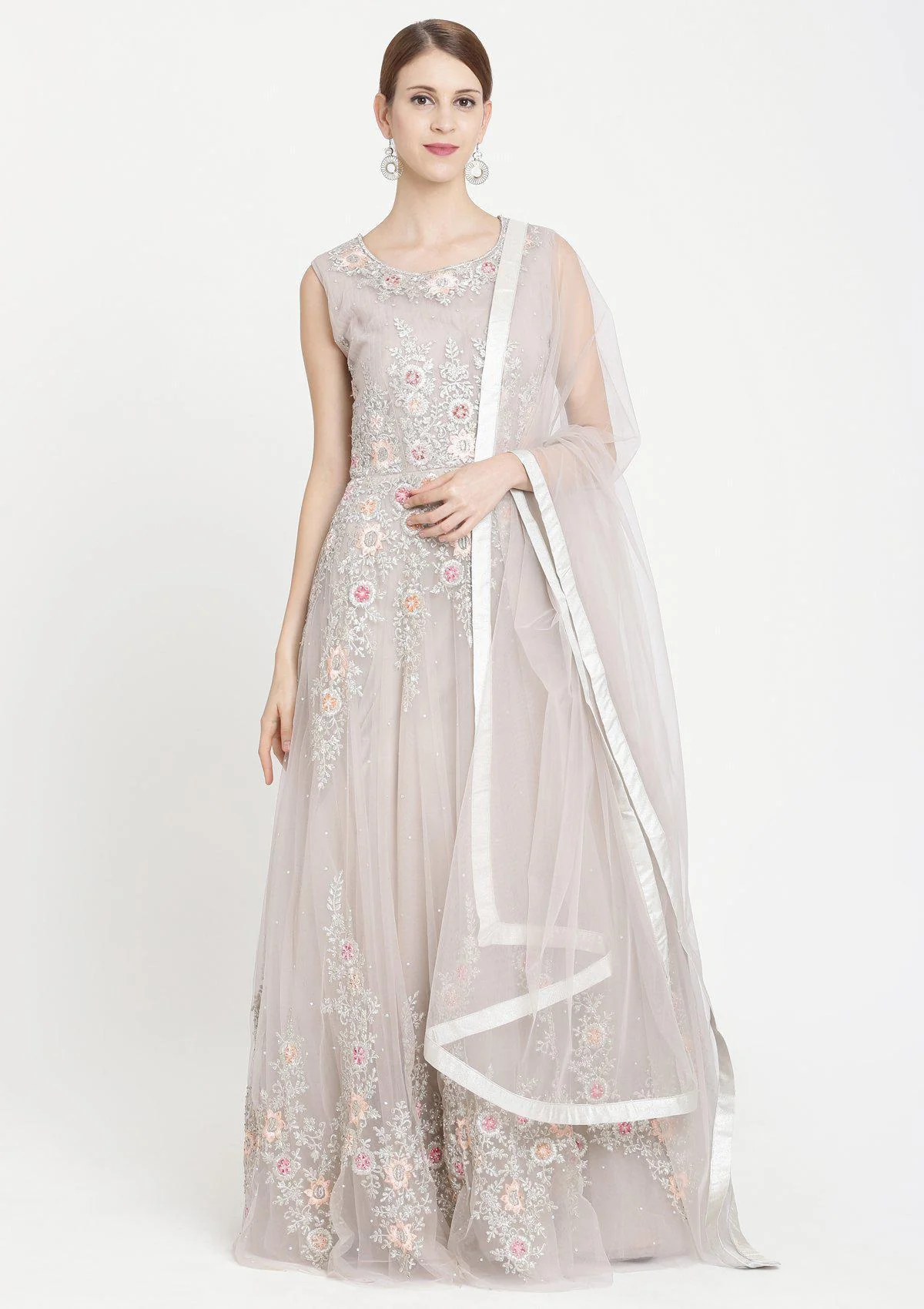 Light Grey Zariwork Net Designer Gown - Image 3
