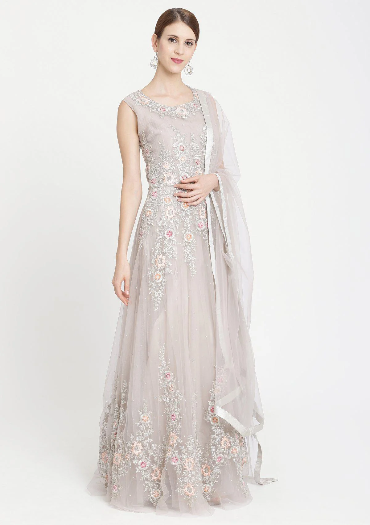 Light Grey Zariwork Net Designer Gown - Image 4