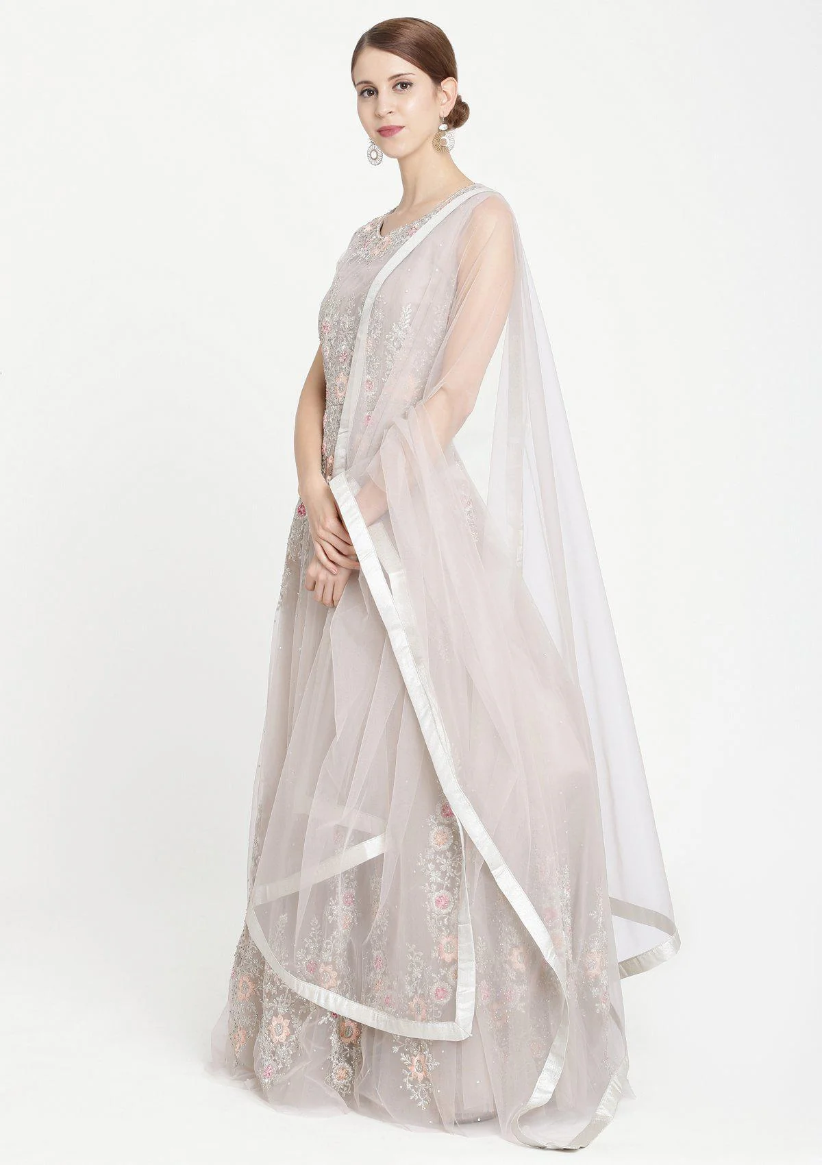 Light Grey Zariwork Net Designer Gown - Image 5