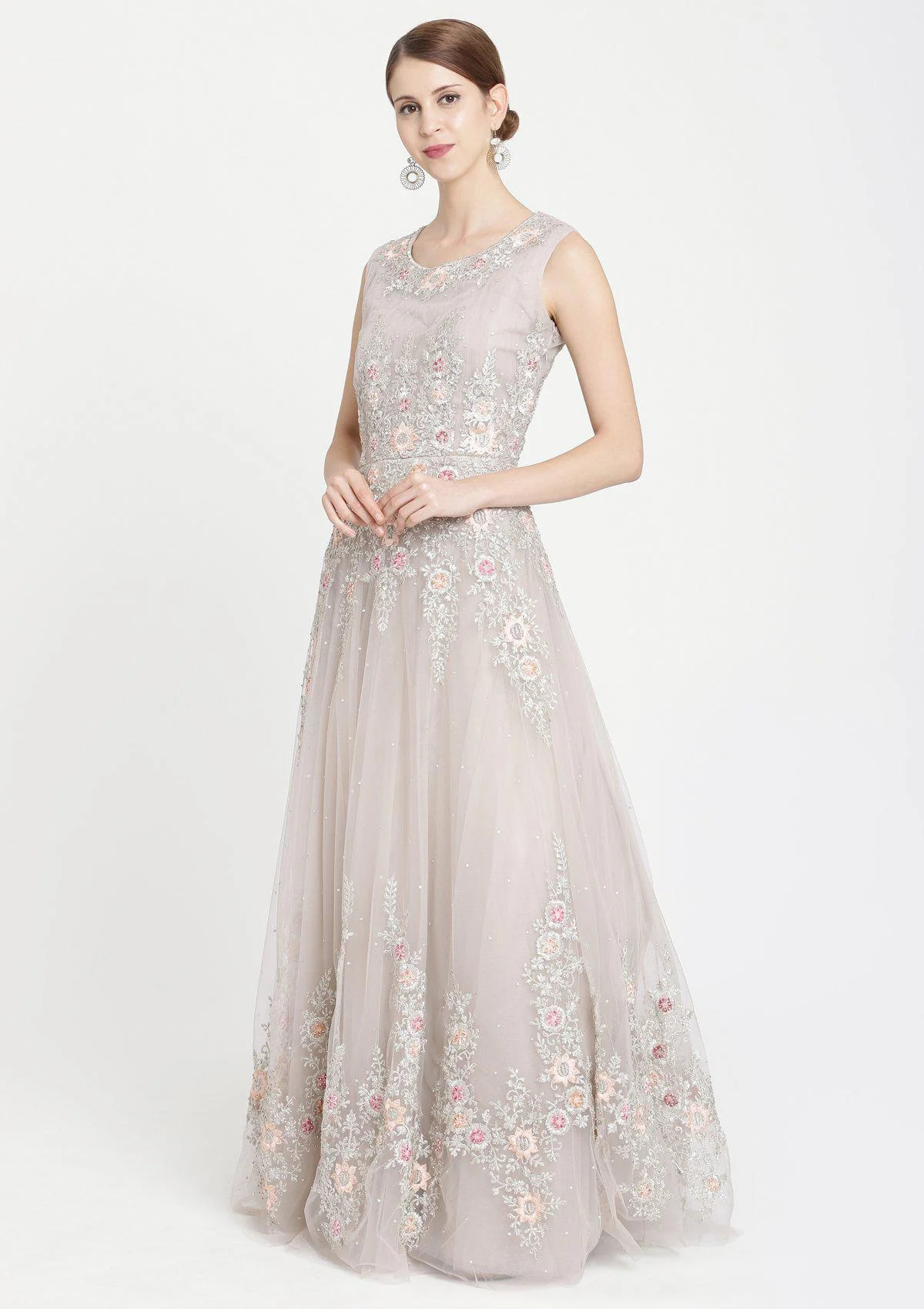 Light Grey Zariwork Net Designer Gown - Image 6