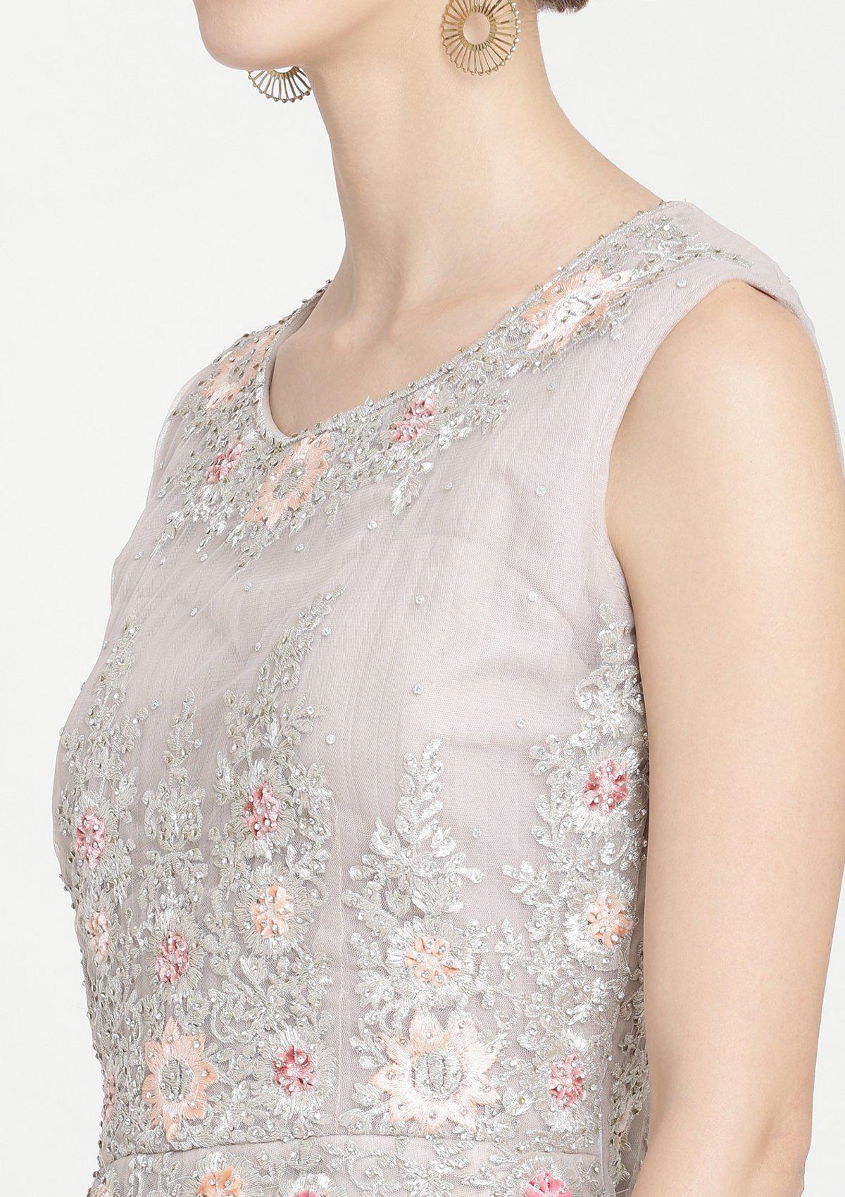 Light Grey Zariwork Net Designer Gown - Image 7