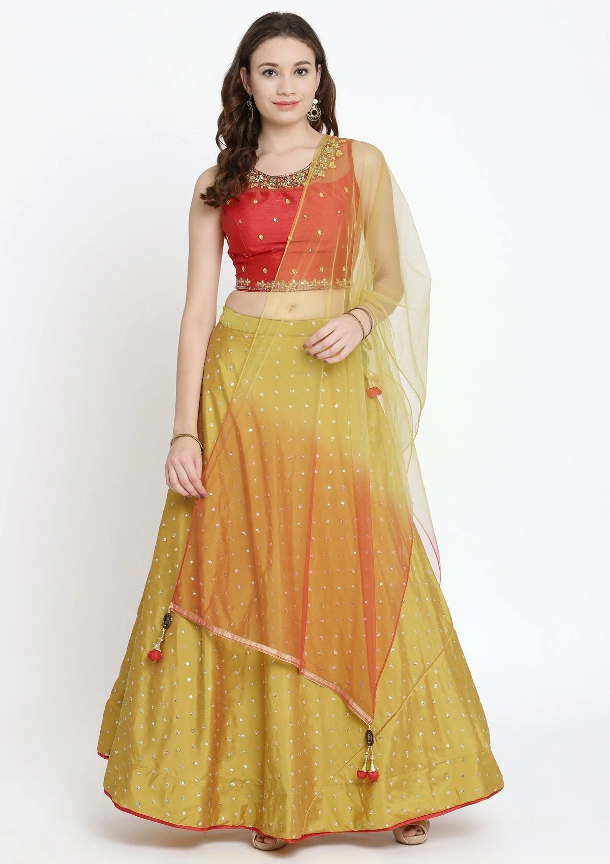 Mustard Mirrorwork Raw Silk Readymade Lehenga - Image 3