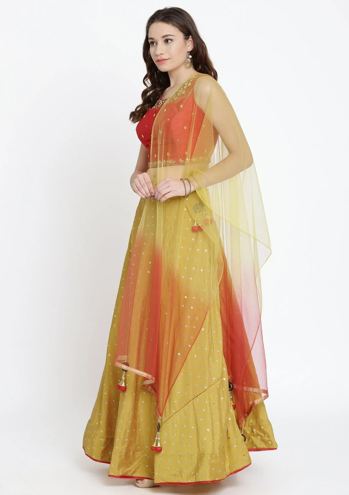 Mustard Mirrorwork Raw Silk Readymade Lehenga - Image 4
