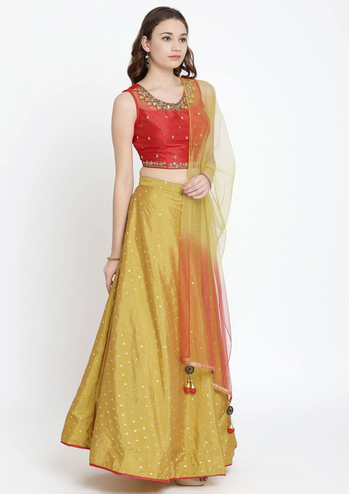 Mustard Mirrorwork Raw Silk Readymade Lehenga - Image 5