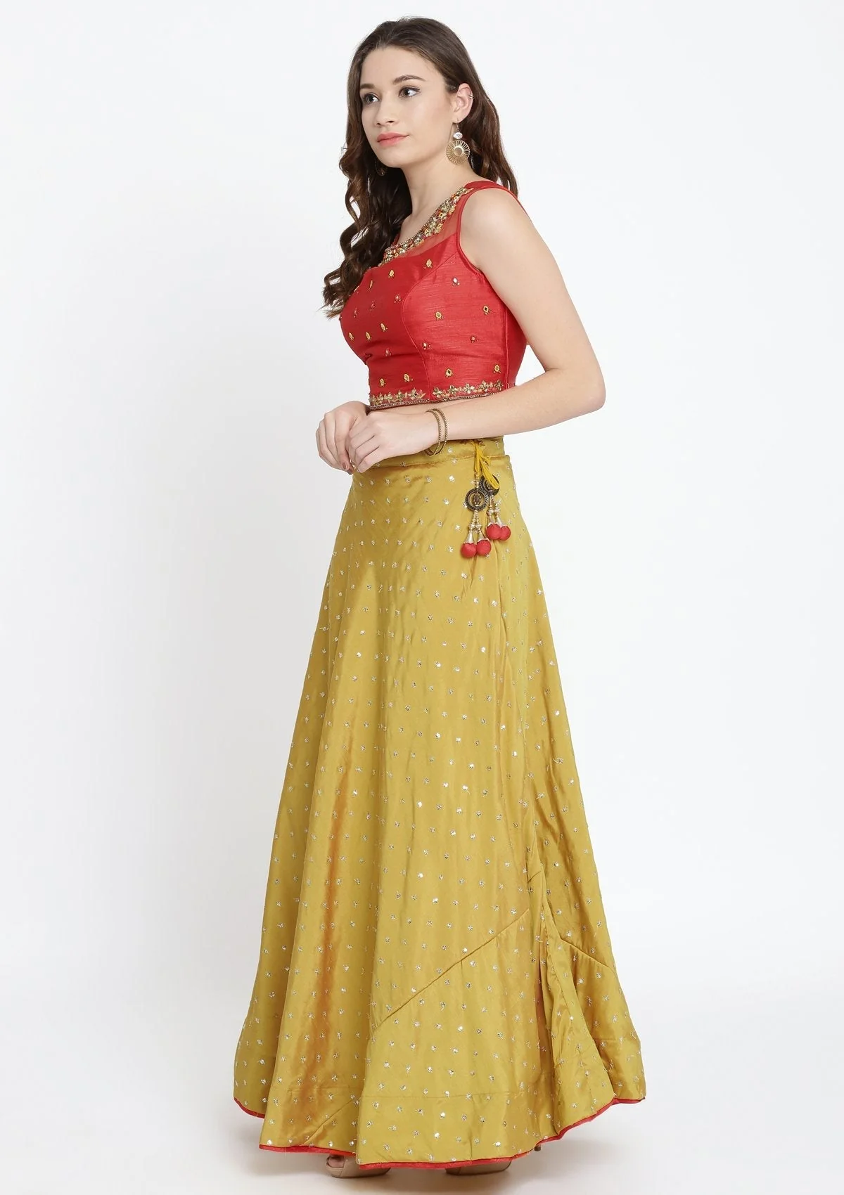 Mustard Mirrorwork Raw Silk Readymade Lehenga - Image 6