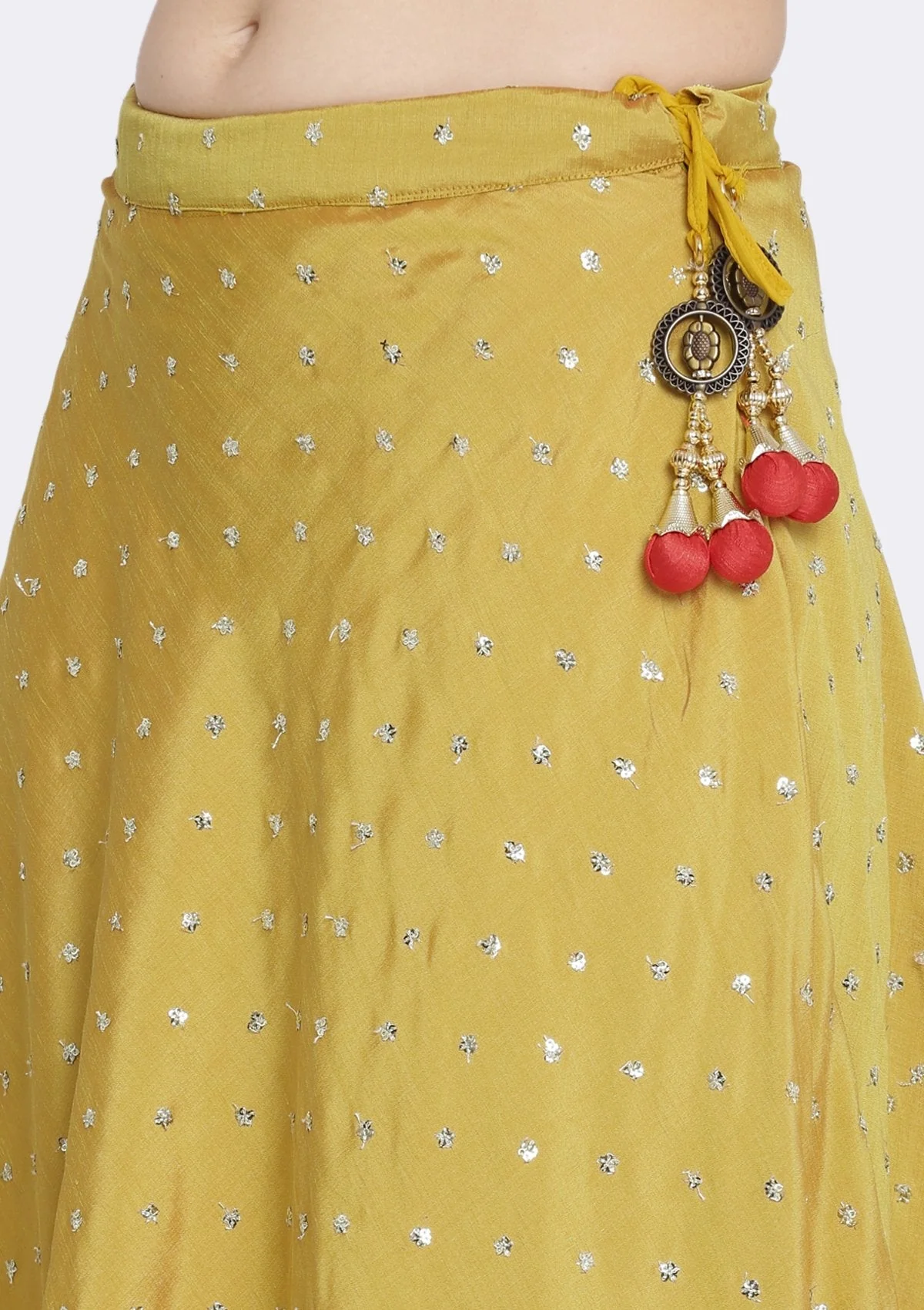 Mustard Mirrorwork Raw Silk Readymade Lehenga - Image 8