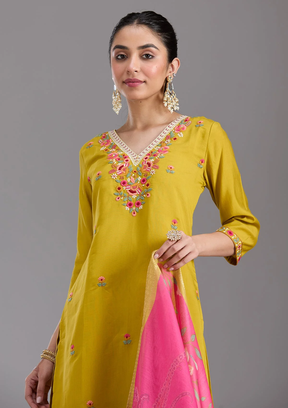 Mustard Yellow Threadwork Chanderi Readymade Salwar Suit - Image 3
