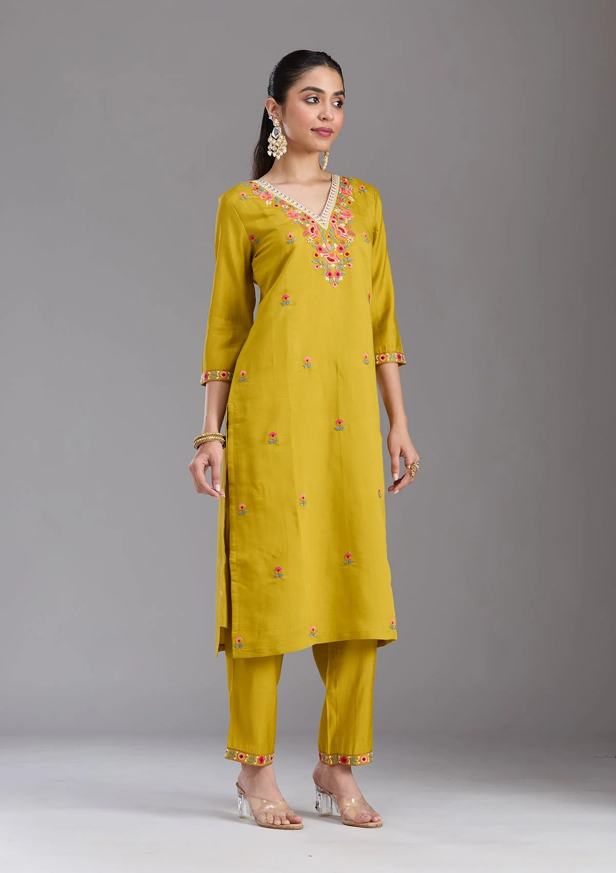 Mustard Yellow Threadwork Chanderi Readymade Salwar Suit - Image 4