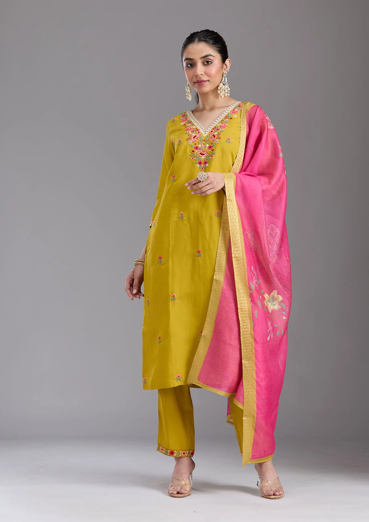 Mustard Yellow Threadwork Chanderi Readymade Salwar Suit - Image 5
