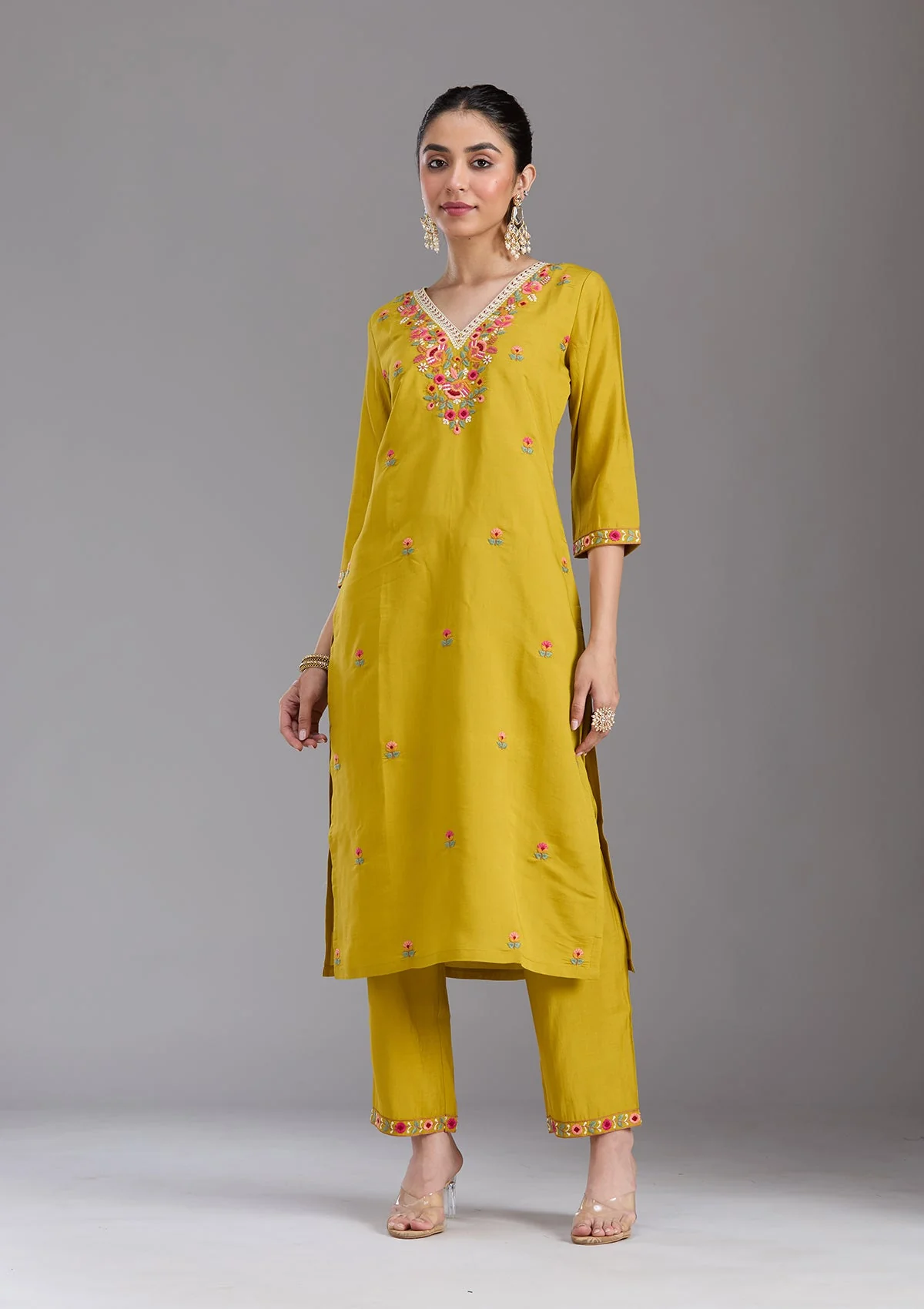 Mustard Yellow Threadwork Chanderi Readymade Salwar Suit - Image 6