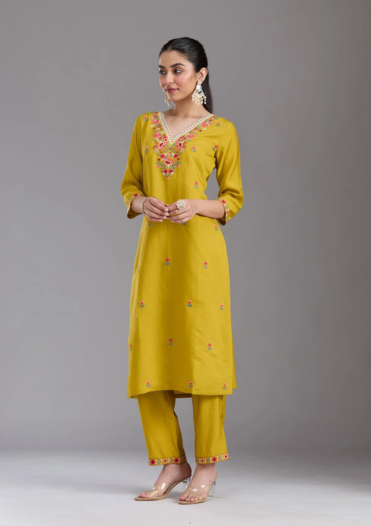 Mustard Yellow Threadwork Chanderi Readymade Salwar Suit - Image 7