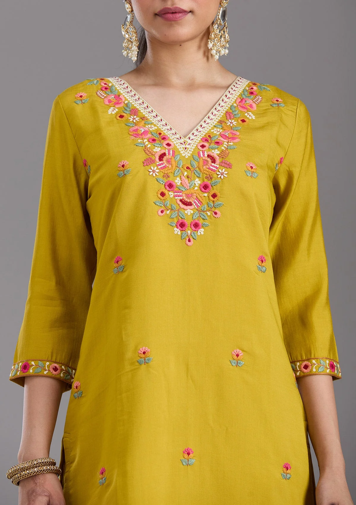 Mustard Yellow Threadwork Chanderi Readymade Salwar Suit - Image 8