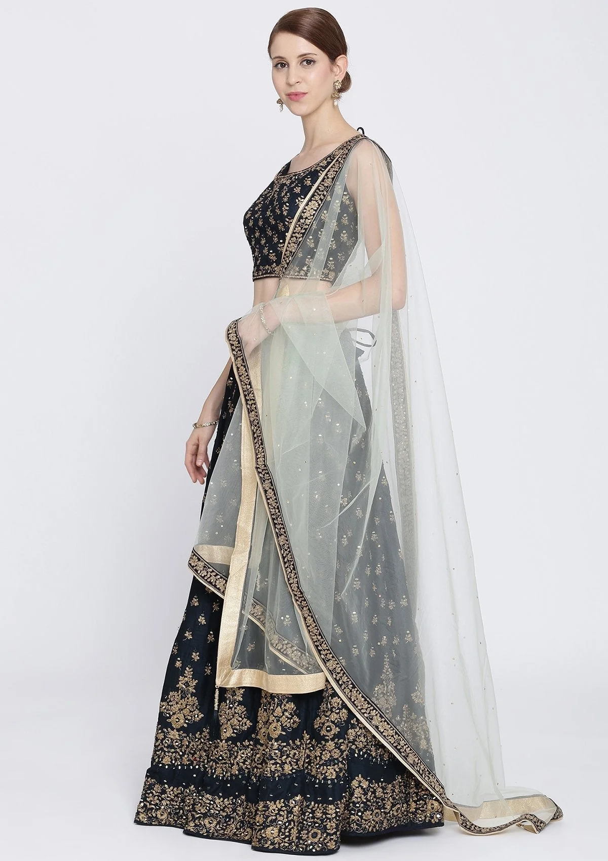 Navy Blue Mirrorwork Net Readymade Lehenga - Image 3