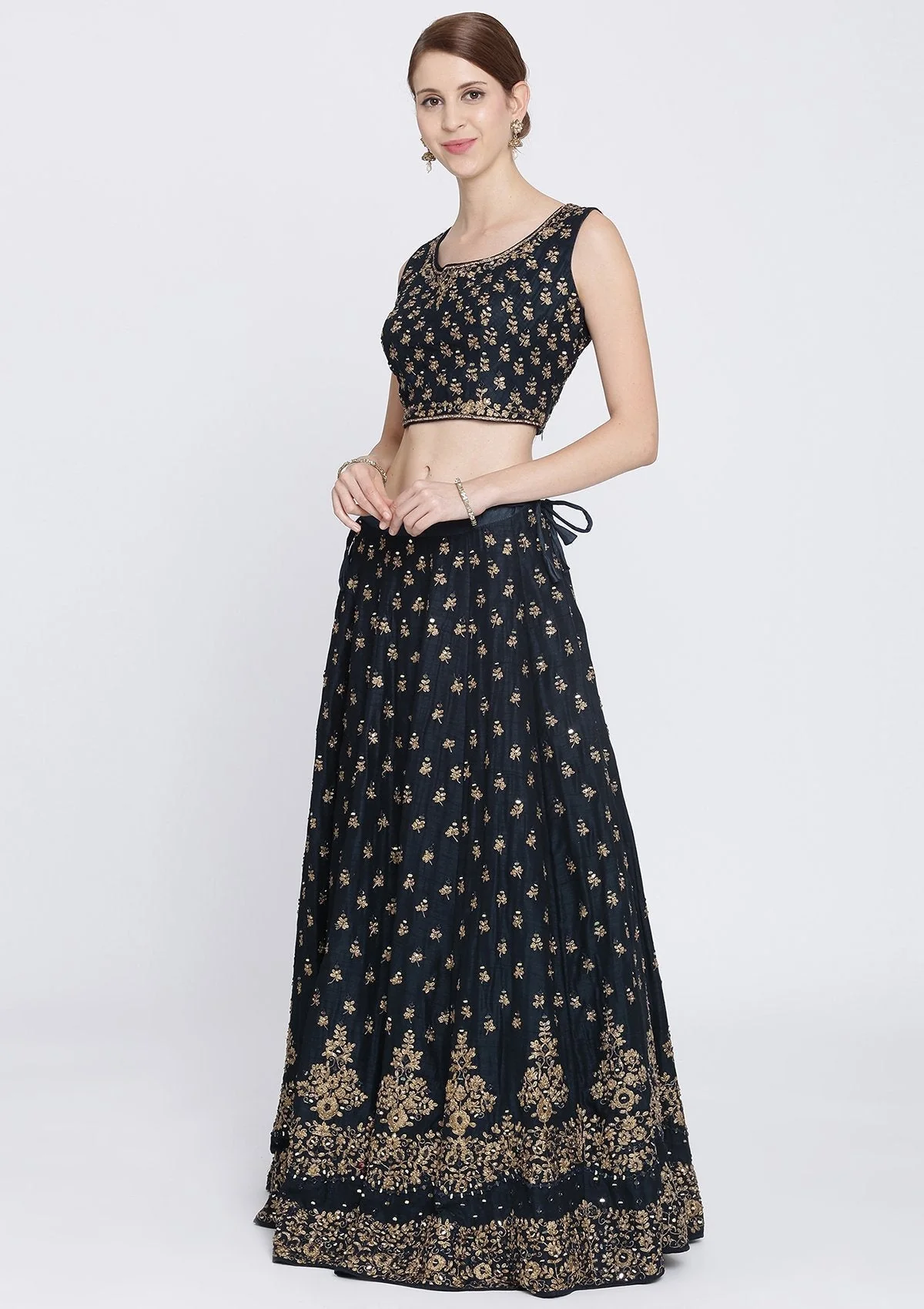 Navy Blue Mirrorwork Net Readymade Lehenga - Image 4
