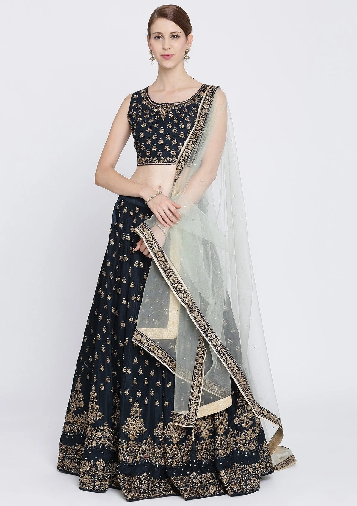 Navy Blue Mirrorwork Net Readymade Lehenga - Image 5