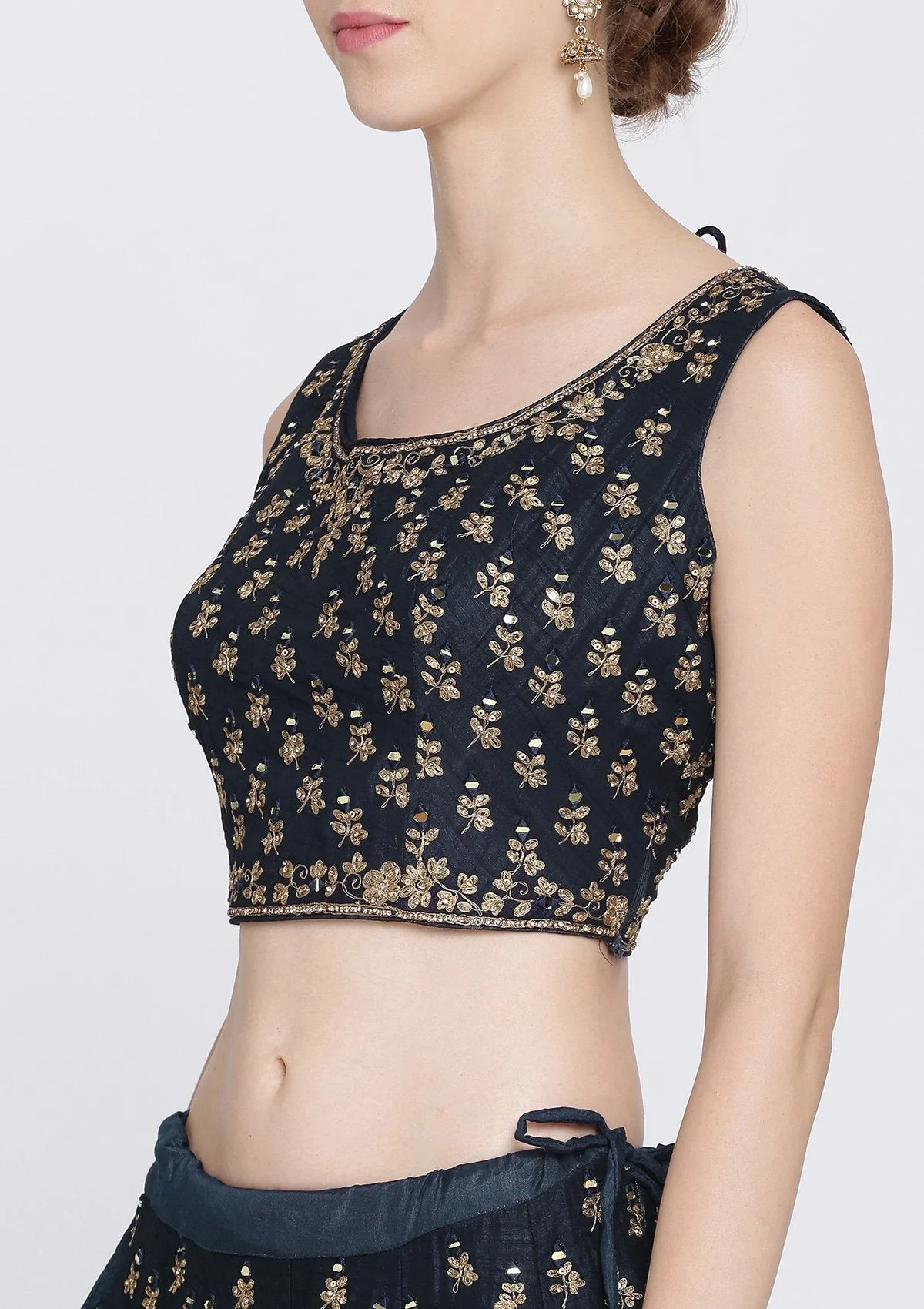 Navy Blue Mirrorwork Net Readymade Lehenga - Image 6