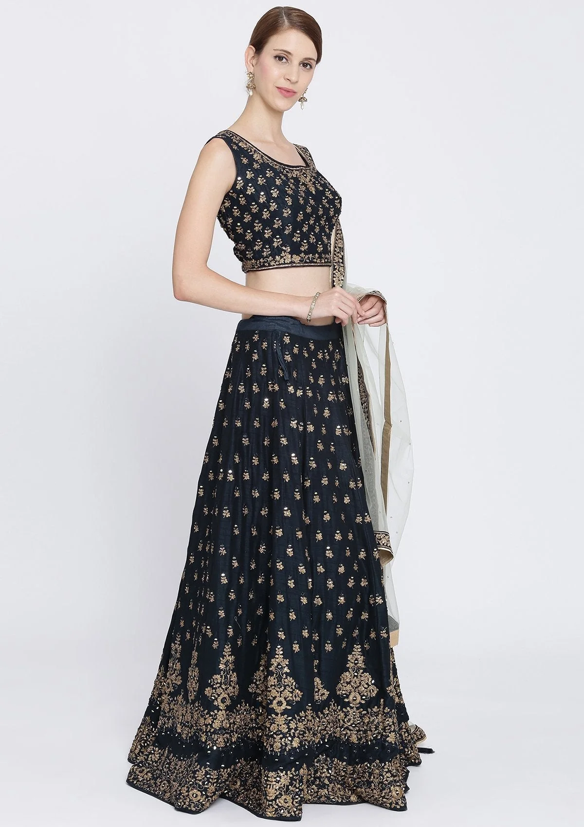 Navy Blue Mirrorwork Net Readymade Lehenga - Image 7