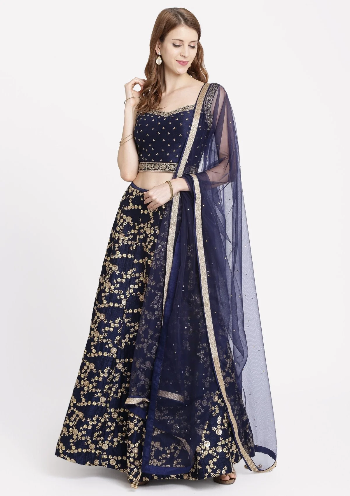 Navy Blue Stonework Raw silk Readymade Lehenga - Image 3