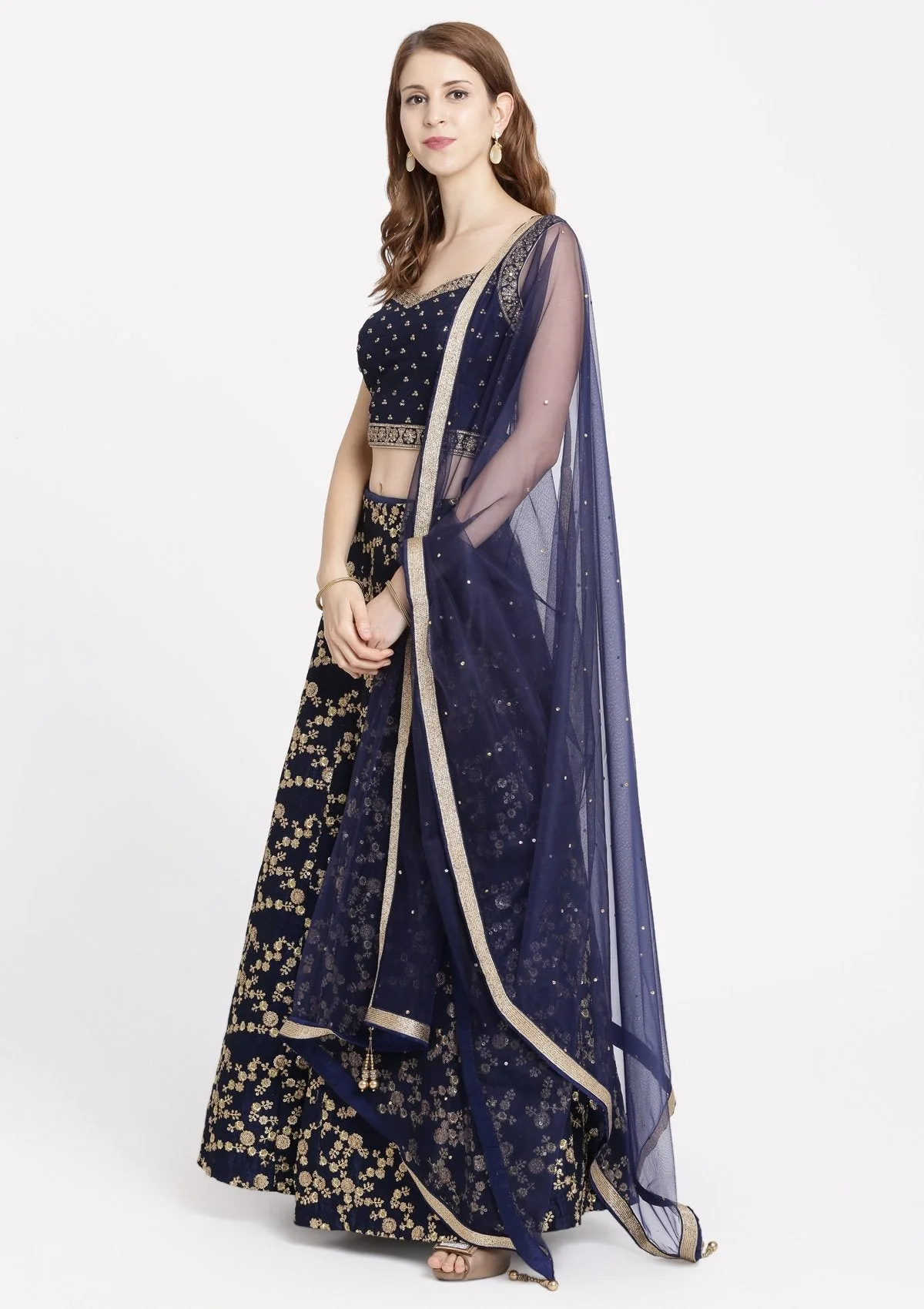 Navy Blue Stonework Raw silk Readymade Lehenga - Image 4