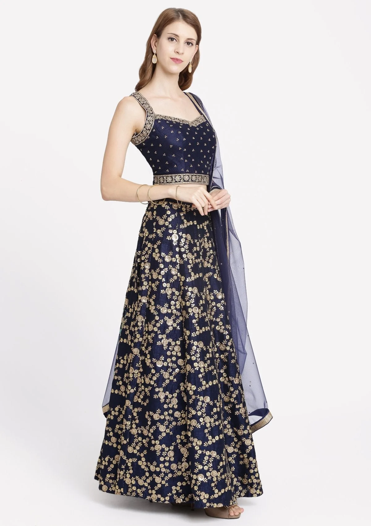 Navy Blue Stonework Raw silk Readymade Lehenga - Image 5