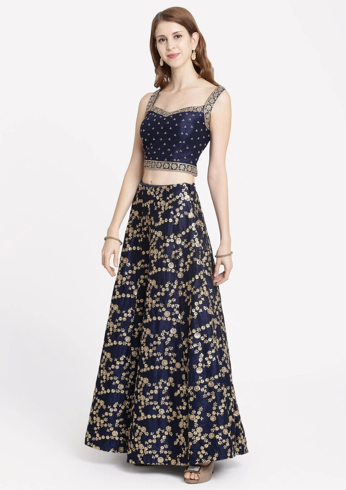 Navy Blue Stonework Raw silk Readymade Lehenga - Image 6