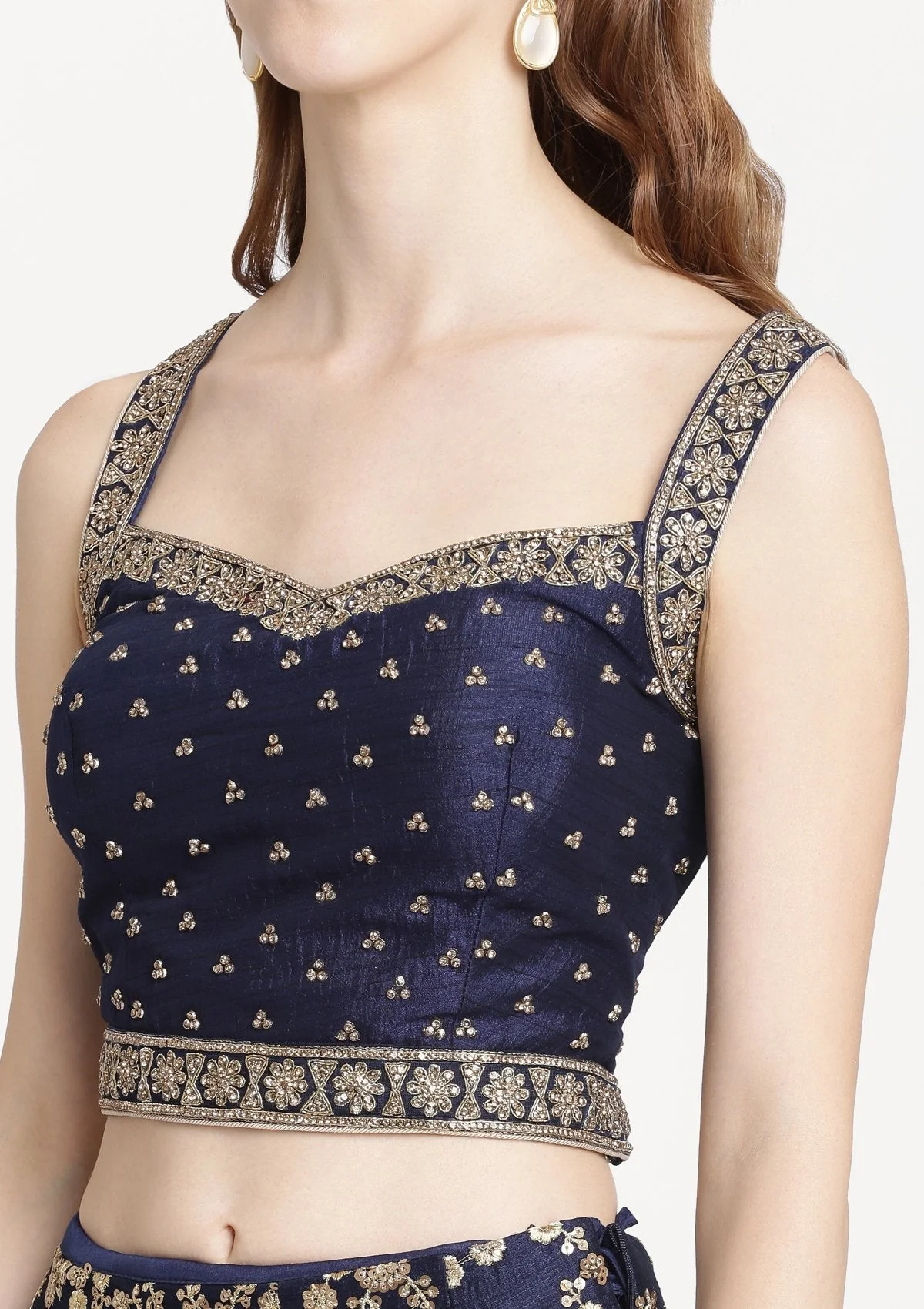Navy Blue Stonework Raw silk Readymade Lehenga - Image 7