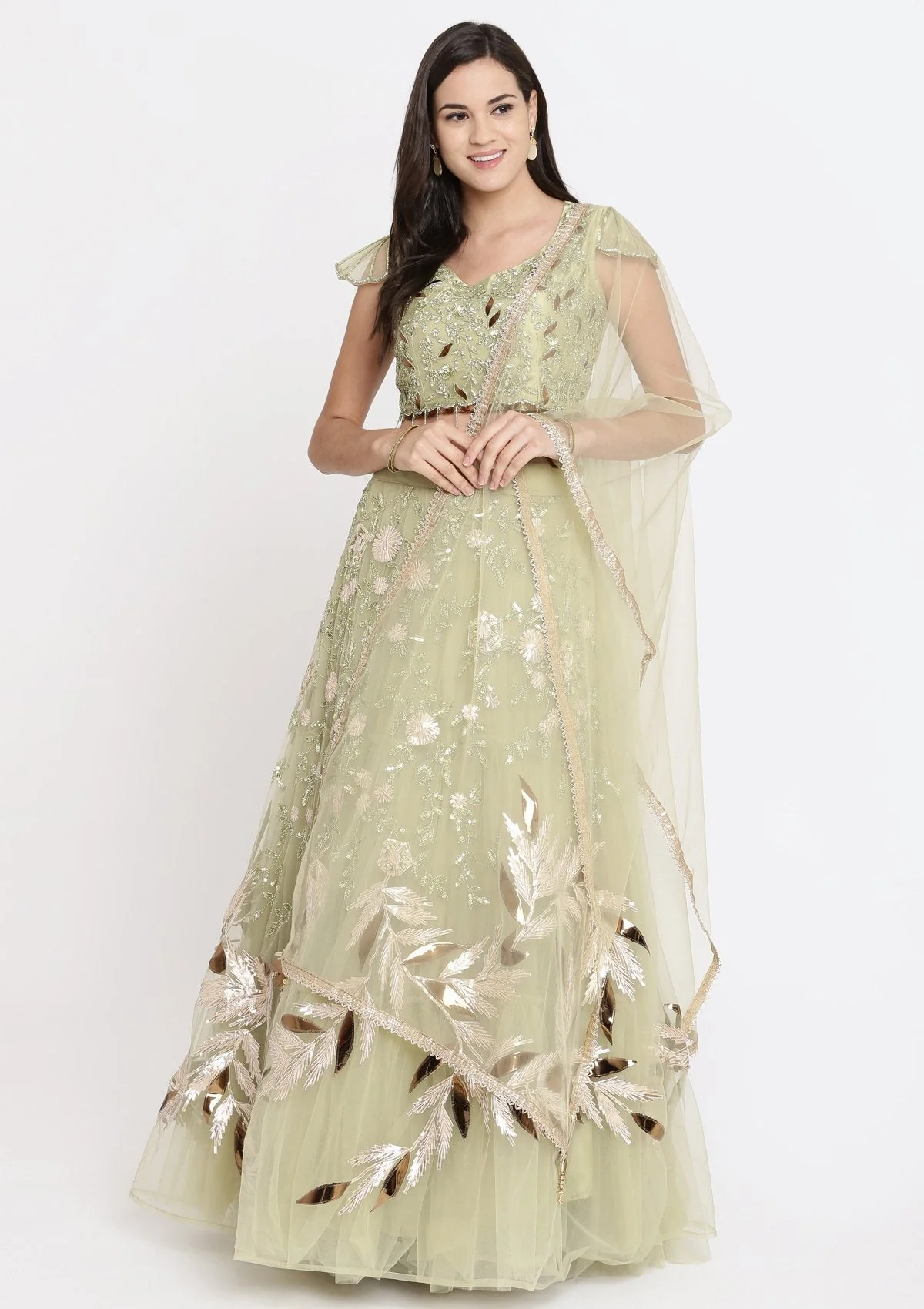 Pista Green Cutdana Net Readymade Lehenga - Image 3