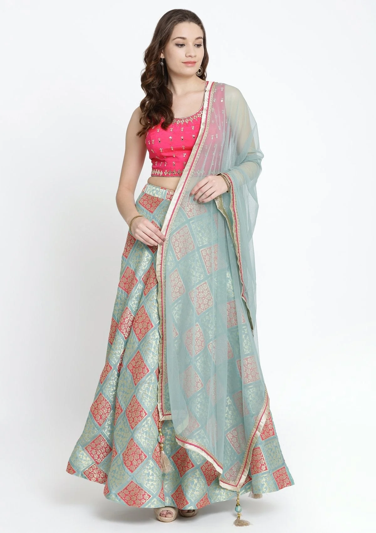 Pista Green Mirrorwork Brocade Readymade Lehenga - Image 3