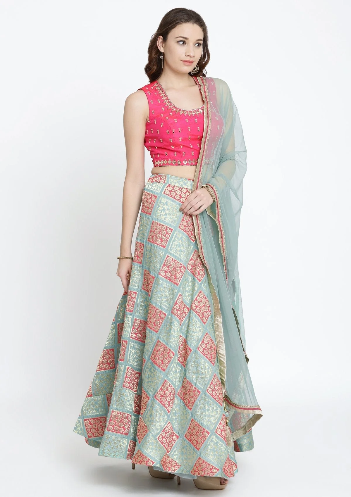 Pista Green Mirrorwork Brocade Readymade Lehenga - Image 5