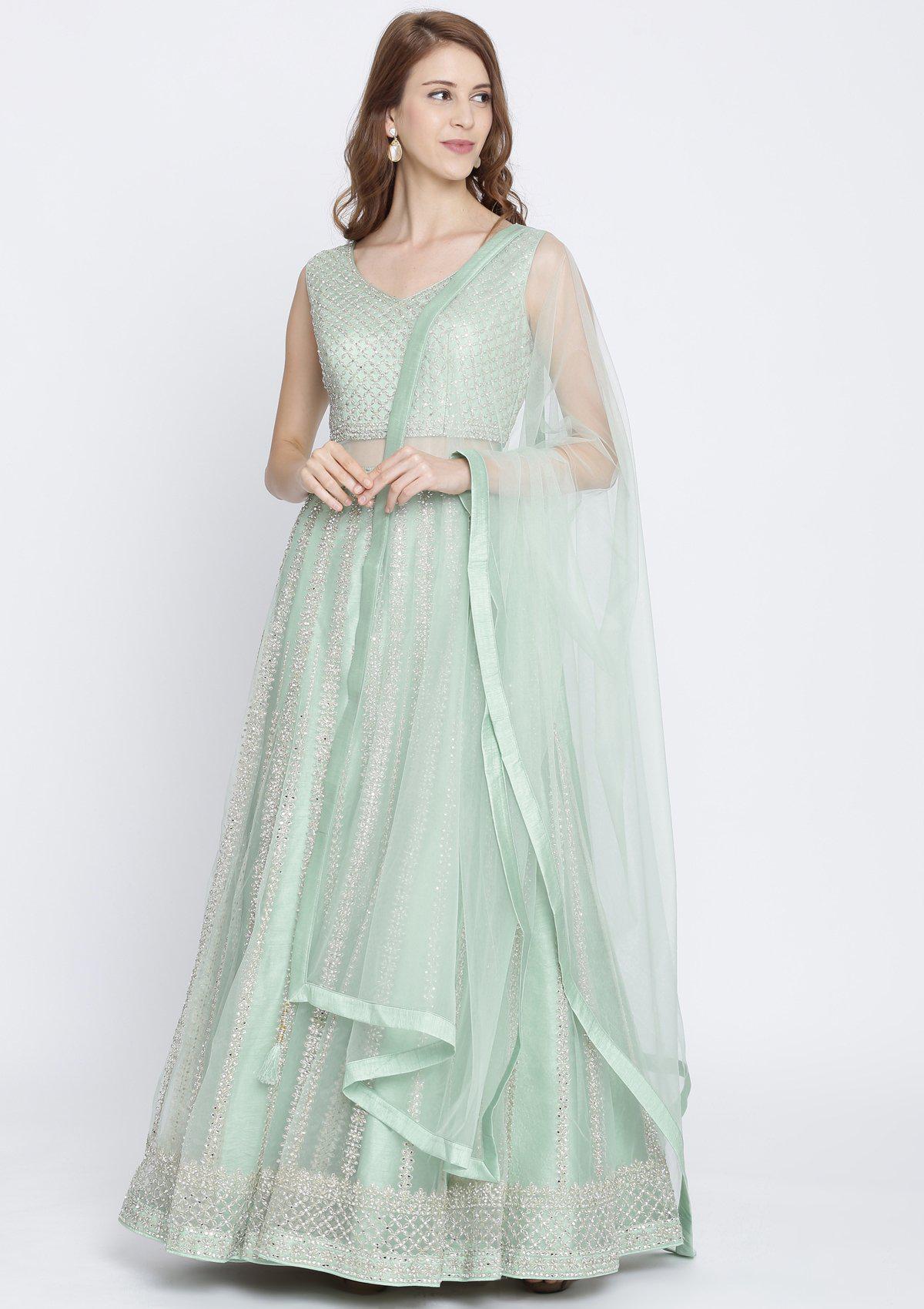 Pista Green Mirrorwork Net Designer Gown - Image 3