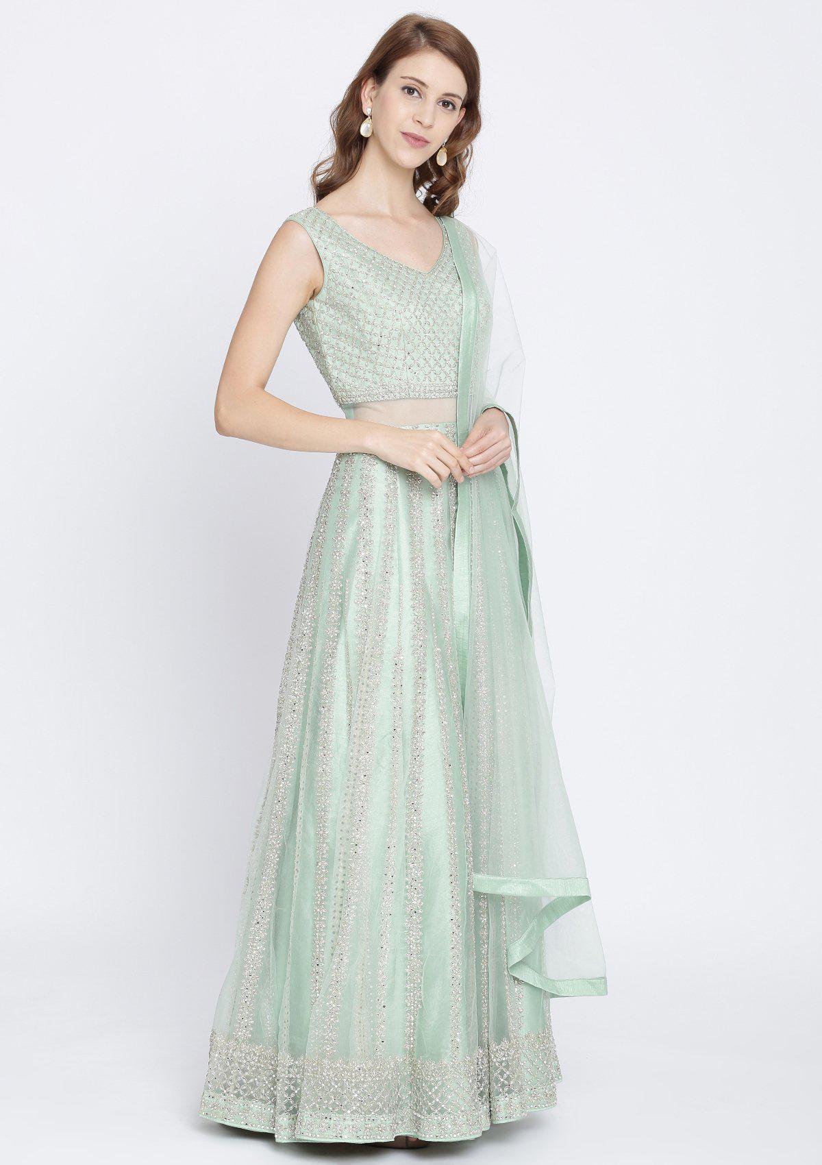 Pista Green Mirrorwork Net Designer Gown - Image 4