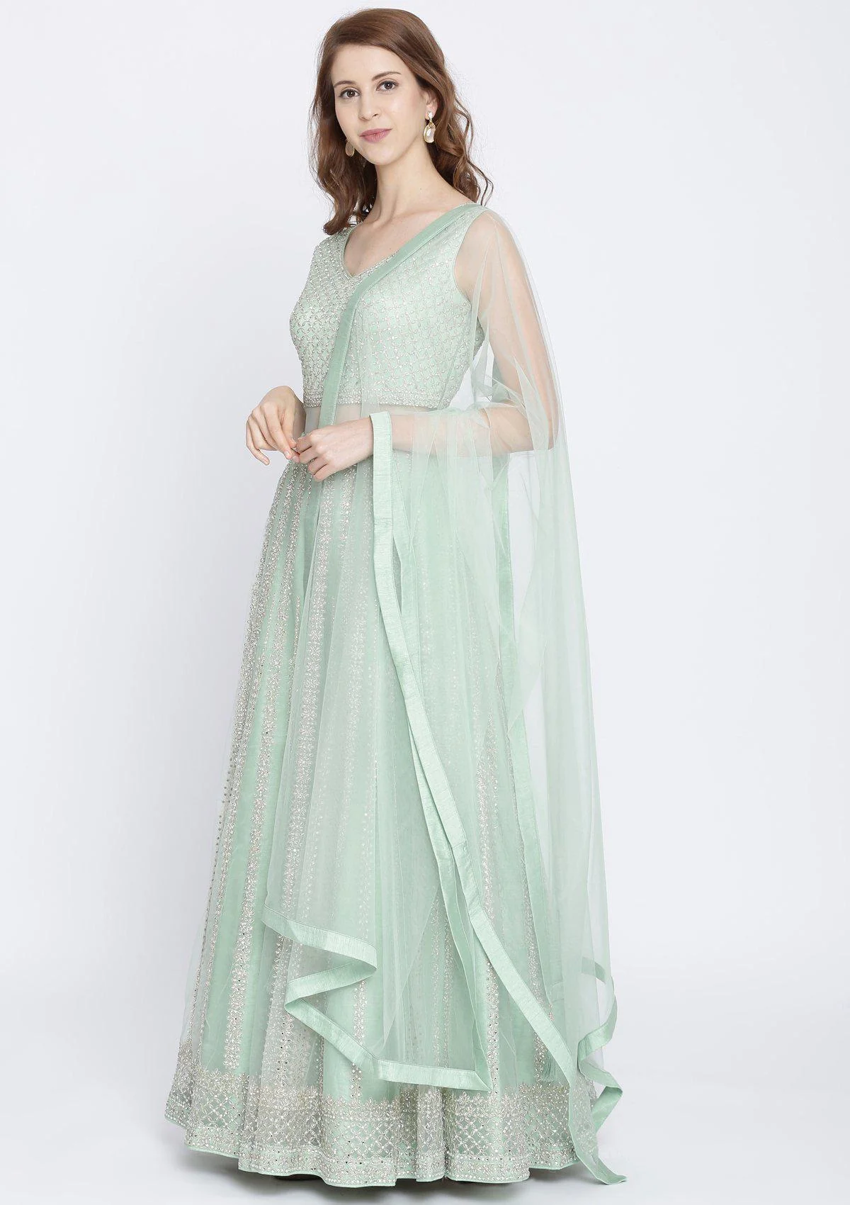 Pista Green Mirrorwork Net Designer Gown - Image 5
