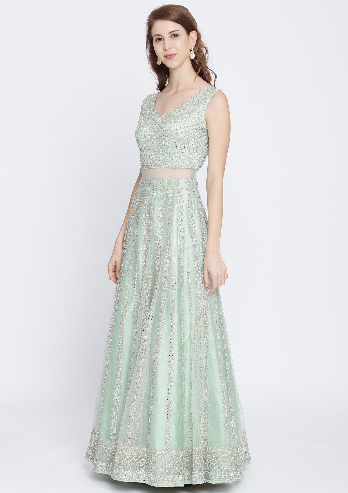 Pista Green Mirrorwork Net Designer Gown - Image 6