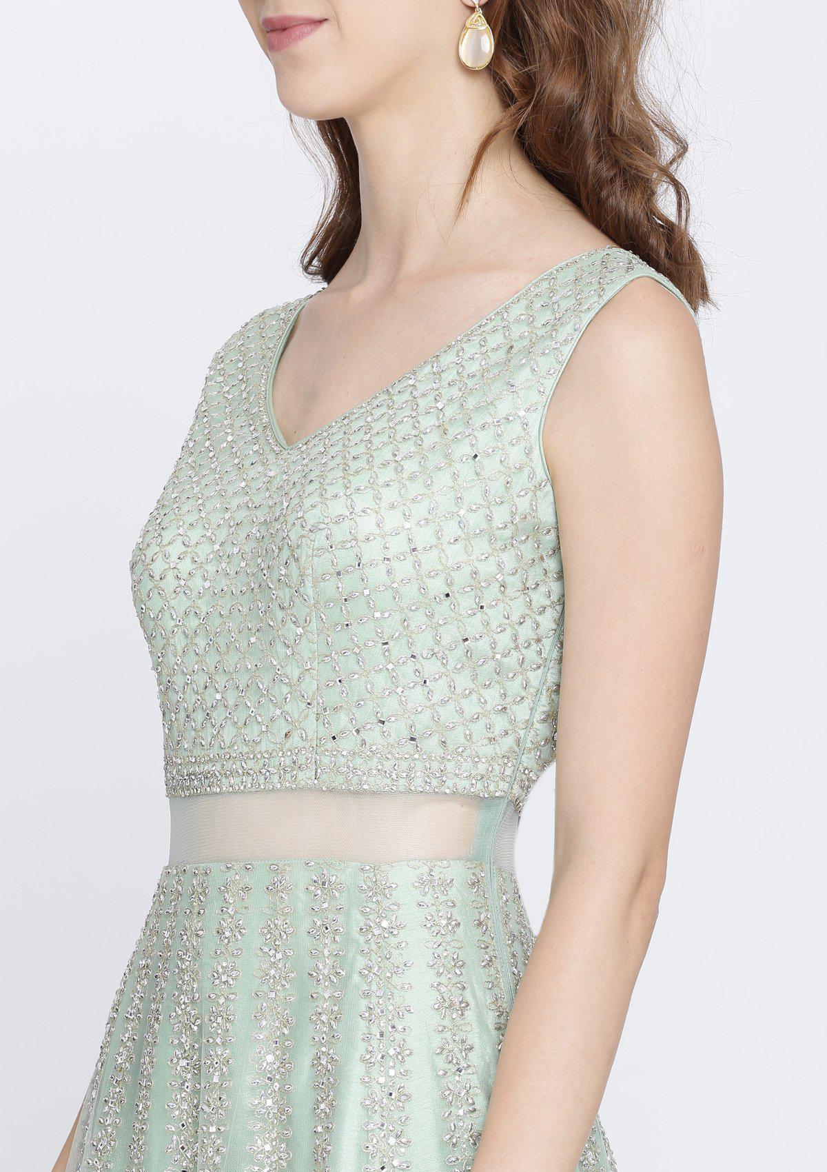 Pista Green Mirrorwork Net Designer Gown - Image 7