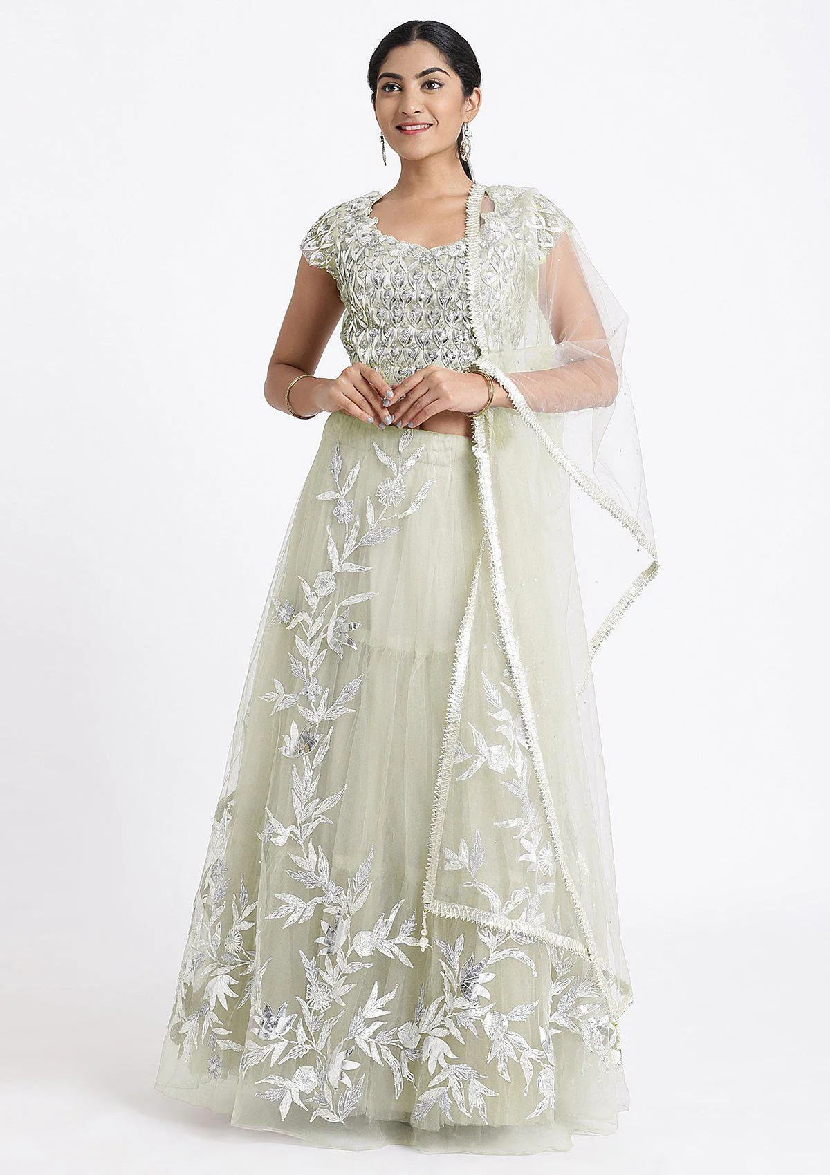 Pista Green Sequinned Net Readymade Lehenga - Image 4