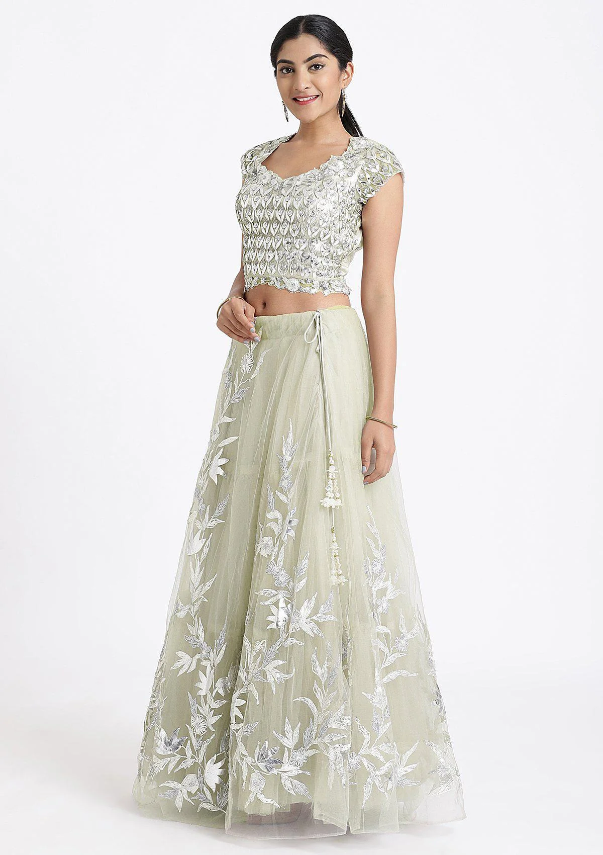 Pista Green Sequinned Net Readymade Lehenga - Image 5