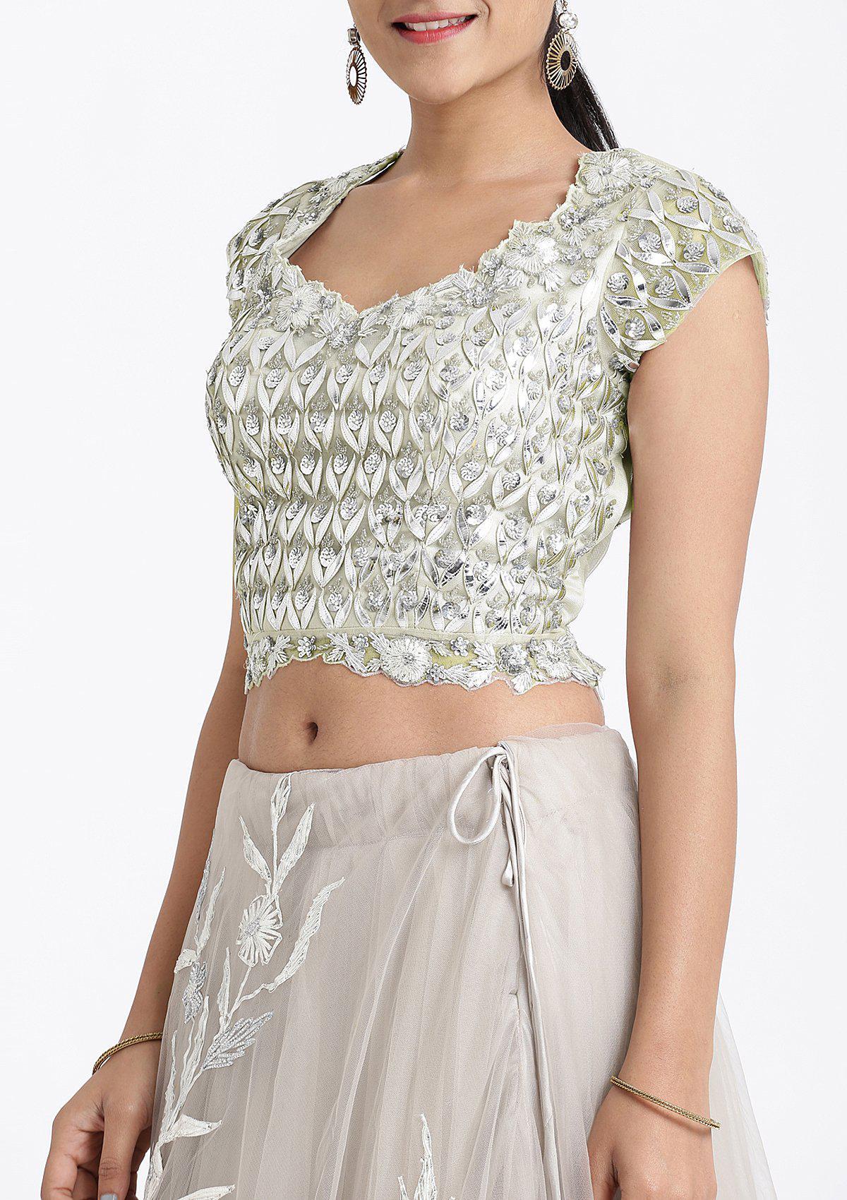 Pista Green Sequinned Net Readymade Lehenga - Image 6